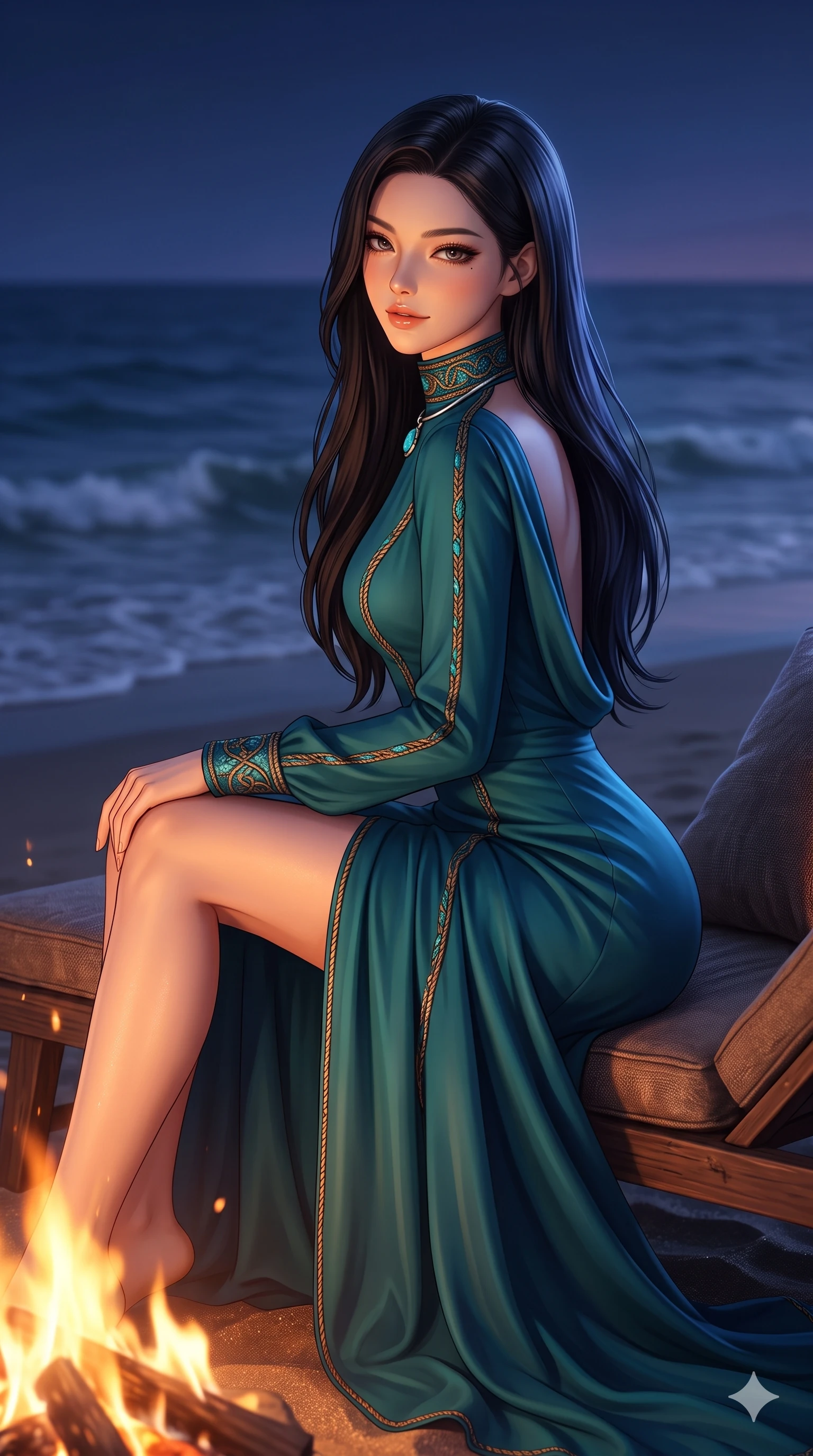 score_9, masterpiece, best quality, ultra-detailed, high-budget anime keyframe, semi-realistic 3D game render, editorial fashion photography, tasteful artistic composition, Korean woman. close-up cowboy shot from the waist and thighs up, the character dominates the composition, filling the frame with her large presence. perched sideways on the lounge seat, one knee drawn up to showcase her slender leg line while her arched back accentuates her feminine hip curve while standing poised at the edge of the bonfire glow, looking back over her bare shoulder with an enchanting, smoldering gaze as the tide rolls in. The background shows a soft-focus romantic beach campfire atmosphere softened in midnight shoreline shallow focus. She has an exceptionally elegant, slender, and willowy female figure with an ultra-slim waist, flat toned midriff, narrow ribcage, and sculpted feminine hips creating an alluring, slim hourglass silhouette without bulk. sharp v-shaped jawline, high-bridge nose, sparkling eyes with hypnotic seductive depth, thick curled eyelashes, glossy parted lips with a natural dewy peach sheen, alluring bedroom-eyes with an enchanting coquettish smile, exuding magnetic siren charisma and sophisticated glamour, flawlessly proportioned anatomical accuracy, strict slender model proportions, natural body alignment, perfectly sculpted long slender limbs, ultra-slim waistline, clean dynamic posture without body distortion. wearing a prestigious high-neck long-sleeve silk resort maxi gown with modest silhouette and nautical rope embroidery in turquoise patina and burnished vintage brass, tailored from heavy double-faced silk georgette with an exceptionally fluid drape, finished with a minimalist chrome choker and a single turquoise stone pendant, the bespoke structured tailoring following the natural line of her 8.5-heads silhouette with refined elegance. bathed in the dramatic dual contrast of warm dancing 2000K firelight on her front and cool deep indigo 5000K twilight on her back. highly saturated vibrant anime colors, detailed shading with soft gradients, rich glossy textures, high-contrast stereoscopic depth, volumetric dynamic lighting, master piece, 9:16 ratio