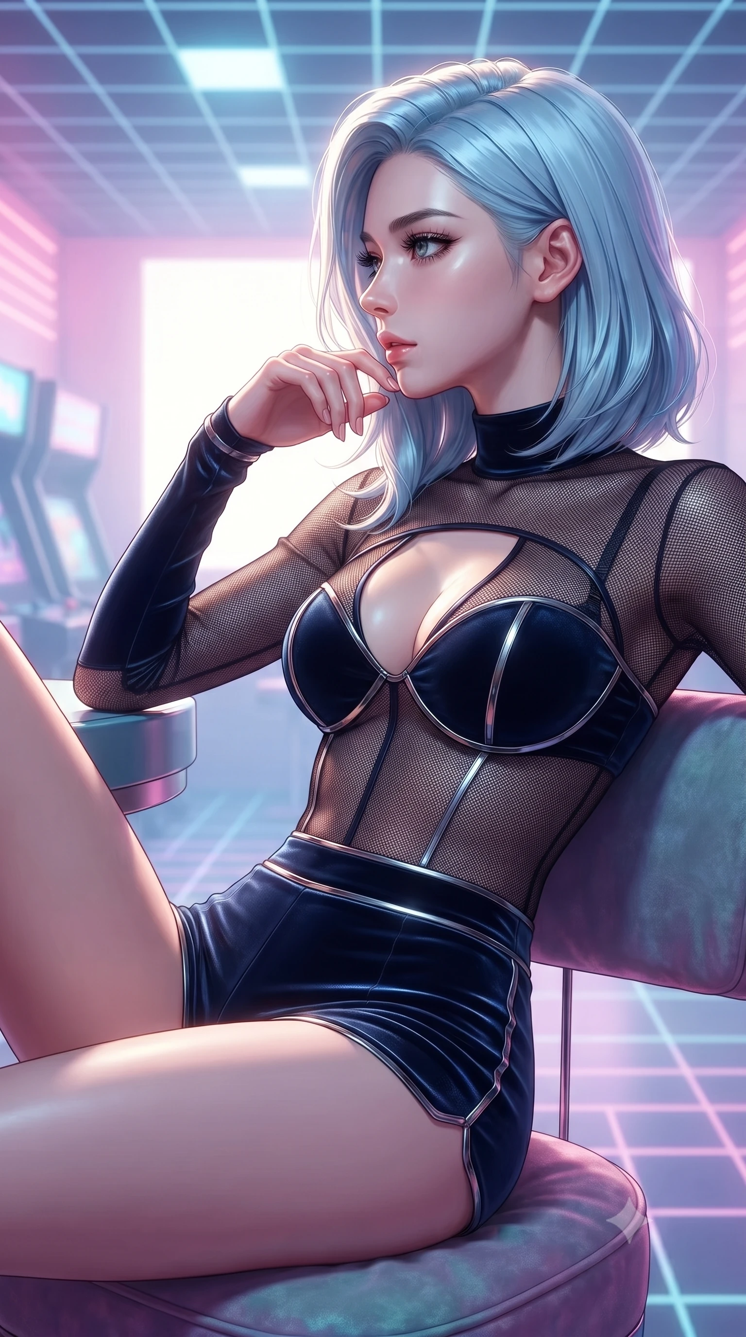 score_9, masterpiece, best quality, ultra-detailed, high-budget anime keyframe, editorial fashion photography, tasteful artistic composition, Korean woman. close-up cowboy shot from the waist and thighs up, the character dominates the composition, filling the frame with her large presence, background elements kept in soft focus. Turning her face in sharp dramatic profile against the bright light, showcasing her sharp v-shaped jawline lounging in a retro-futuristic arcade lounge with lo-fi pastel lighting, lo-fi synthwave grid patterns running across floor and ceiling. She has an exceptionally elegant, slender, and willowy female figure with an ultra-slim waist, a gracefully sculpted slender torso, and a refined silhouette. sharp v-shaped jawline, high-bridge nose, intricate jewel-like eyes with depth, thick eyelashes, glossy lips with a natural sheen. wearing a delicate see-through mesh top with structured cup boning and micro-shorts in midnight navy blue and chrome trim, made of premium stretch velvet with a rich sheen, accented with a Tasteful chest slit framing her clavicle gracefully, the glove-like fit emphasizing her statuesque silhouette. surrounded by a dreamlike vaporwave ambiance with smooth gradients. ultra-reflective glossy finish, specular highlights, metallic sheen, high-contrast stereoscopic depth, volumetric dynamic lighting, 2k, ultra detail, master piece, 9:16 ratio