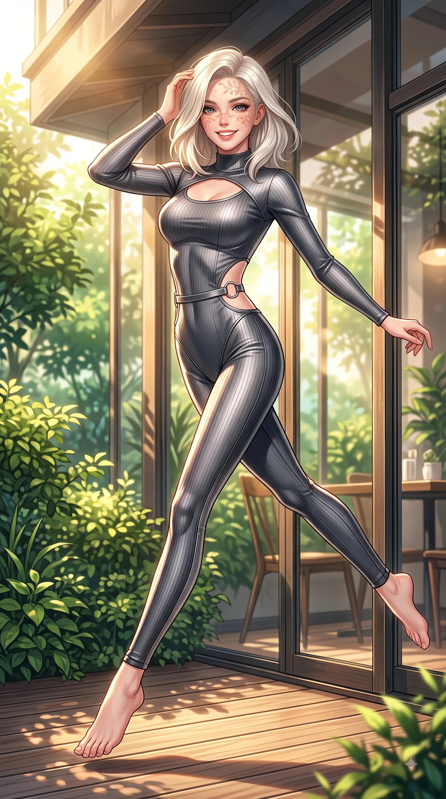 score_9, masterpiece, best quality, ultra-detailed, high-budget anime keyframe, editorial fashion photography, tasteful artistic composition, Caucasian woman. low angle full-body shot from head to toe showing her feet, filling the entire 9:16 vertical frame with her statuesque presence, stretching her vertical silhouette. leaping with pure youthful energy through mid-air with a radiant bright smile, her impossibly long slender legs stretched in balance while pivoting gracefully on a secluded wooden cafe terrace enveloped by lush green garden foliage, lush green garden leaves outside casting delicate organic stencil shadows across her face. She has an absolutely perfect, statuesque 8.5-heads proportion, an exceptionally tall and slender model-like female figure with impossibly long slender legs and an ultra-slim waist. sharp v-shaped jawline, high-bridge nose, intricate jewel-like eyes with depth, thick eyelashes, glossy lips with a natural sheen, flawlessly proportioned anatomical accuracy, natural body alignment, perfectly sculpted elegant limbs, clean dynamic posture without body distortion. wearing a form-fitting ribbed activewear set with elegant collar cutouts in charcoal grey and platinum, crafted from lustrous satin jersey with fluid draping, accented with delicate chrome ring hardware framing her waist, the tailored fabric tightly following every curve of her athletic build. bathed in warm golden sunlight streaming through clean glass cafe windows. highly saturated vibrant anime colors, detailed shading with soft gradients, rich glossy textures, high-contrast stereoscopic depth, volumetric dynamic lighting, master piece, 9:16 ratio