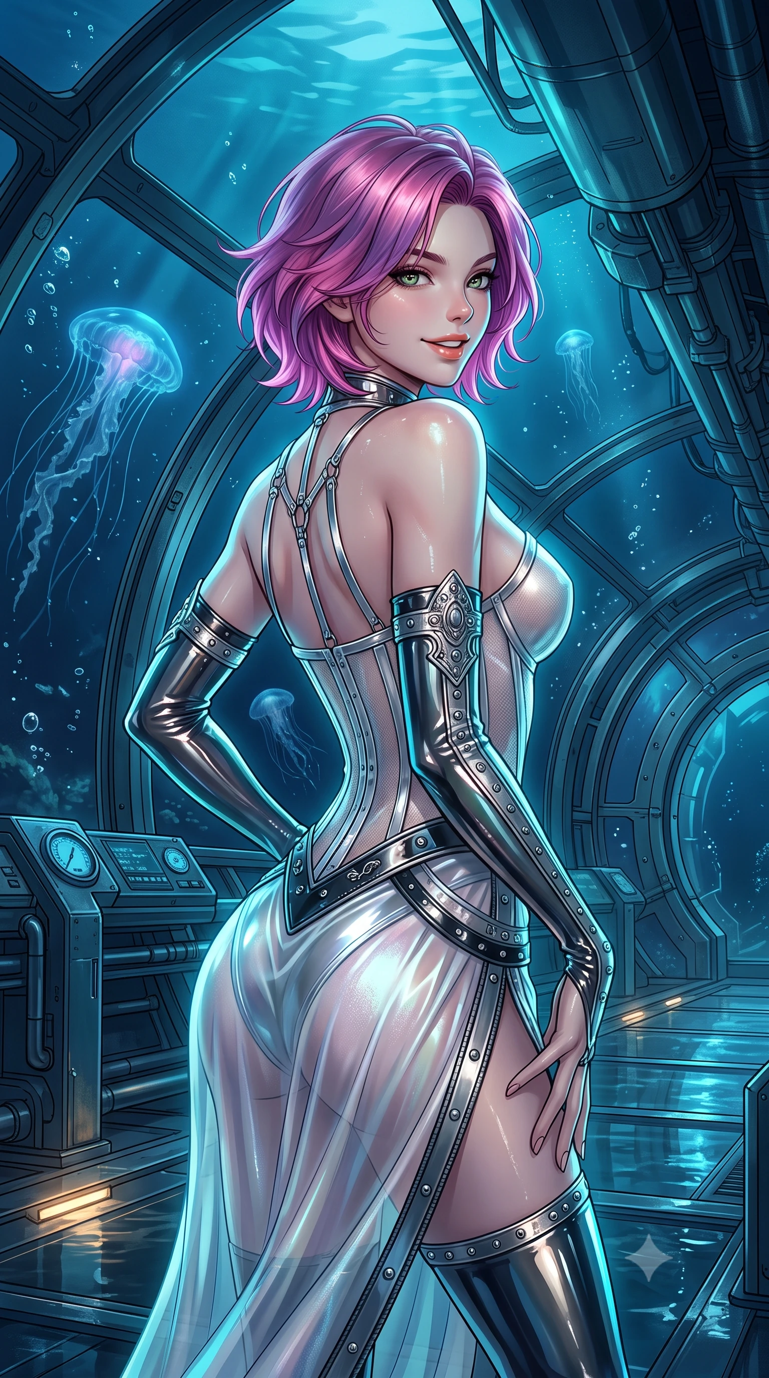 score_9, masterpiece, best quality, ultra-detailed, high-budget anime keyframe, editorial fashion photography, tasteful artistic composition, Caucasian woman. close-up cowboy shot from the waist and thighs up, the character dominates the composition, filling the frame with her large presence. posing in an alluring rear three-quarter angle, looking over a bare shoulder with parted glossy lips, her hips cocked back to highlight her slim hourglass curve while standing poised beneath the monumental pressure-resistant glass vault at the floor of the Mariana Trench, arching her spine with mysterious siren elegance as giant siphonophores drift past. The surrounding environment is rendered in vivid detail and crisp panoramic clarity: detailed bespoke tailoring, liquid fabric textures, and extreme-depth abyssal engineering in razor-sharp precision. She has an exceptionally elegant, slender, and willowy female figure with an ultra-slim waist, flat toned midriff, narrow ribcage, and sculpted feminine hips creating an alluring, slim hourglass silhouette without bulk. sharp v-shaped jawline, high-bridge nose, intricate jewel-like sparkling eyes with depth, thick eyelashes, glossy parted lips with a natural peach sheen, bright cheerful beaming smile with an enchanting and coquettish sensual glint, exuding both youthful cute charm and seductive allure, flawlessly proportioned anatomical accuracy, strict slender model proportions, natural body alignment, perfectly sculpted long slender limbs, ultra-slim waistline, clean dynamic posture without body distortion. wearing a provocative translucent mesh corset bodice with boned satin channels paired with a sheer chiffon wrap skirt in iridescent mother-of-pearl and liquid molten silver, tailored from high-gloss patent leather with mirror-like specular highlights, accented with a chrome-drop body harness subtly framing her dewy collarbones and spine, the glove-like clinging cut tightly following the natural contour of her hips and long slender legs with youthful 8.5-heads elegance. illuminated by acrylic floor reflection bounce and sharp sapphire-cyan rim lights sculpting her razor-sharp jawline, narrow waist, and curvy hips. ultra-reflective glossy finish, specular highlights, rich textural contrasts, high-contrast stereoscopic depth, volumetric dynamic lighting, 2k, ultra detail, master piece, 9:16 ratio