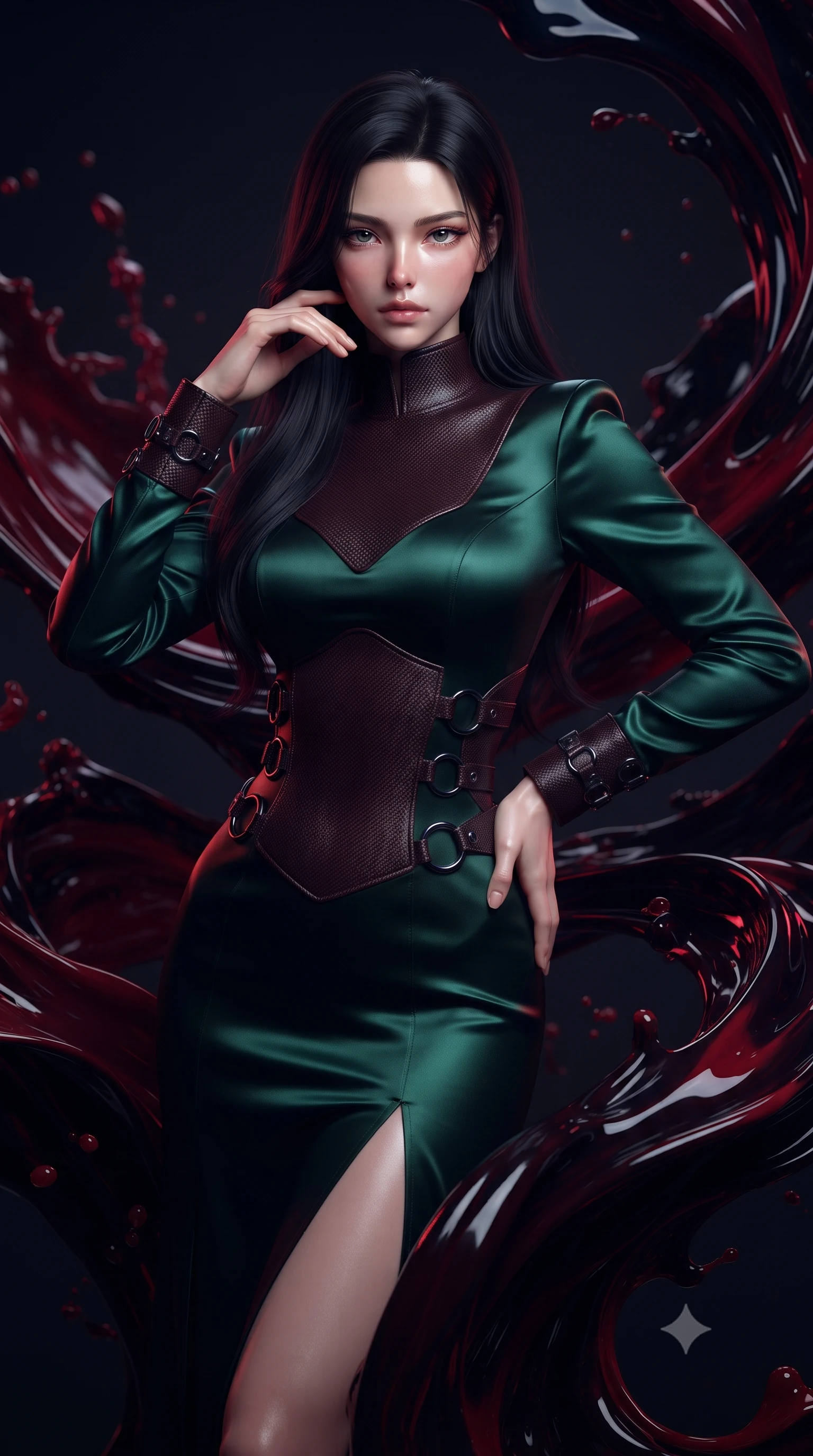 score_9, masterpiece, best quality, ultra-detailed, high-budget anime keyframe, editorial fashion photography, tasteful artistic composition, Korean woman. close-up cowboy shot from the waist and thighs up, the character dominates the composition, filling the frame with her large presence, background elements kept in soft focus. Holding a confident power pose with one hand on her hip, standing surrounded by zero-gravity swirls of dark crimson and obsidian liquid paint, rich glossy paint textures contrasting sharply against pitch-black air. She has an exceptionally elegant, slender, and willowy female figure with an ultra-slim waist, a gracefully sculpted slender torso, and a refined silhouette. sharp v-shaped jawline, high-bridge nose, intricate jewel-like eyes with depth, thick eyelashes, glossy lips with a natural sheen. wearing long-sleeved dark emerald satin gown with high structured neckline in dark mahogany, made of matte carbon-fiber weave, trimmed with dark chrome ring hardware along the waist contours, sculpting her athletic slender build with refined precision. bathed in deep crimson and navy fluid reflections against pitch-black shadows. ultra-reflective glossy finish, specular highlights, metallic sheen, high-contrast stereoscopic depth, volumetric dynamic lighting, 2k, ultra detail, master piece, 9:16 ratio