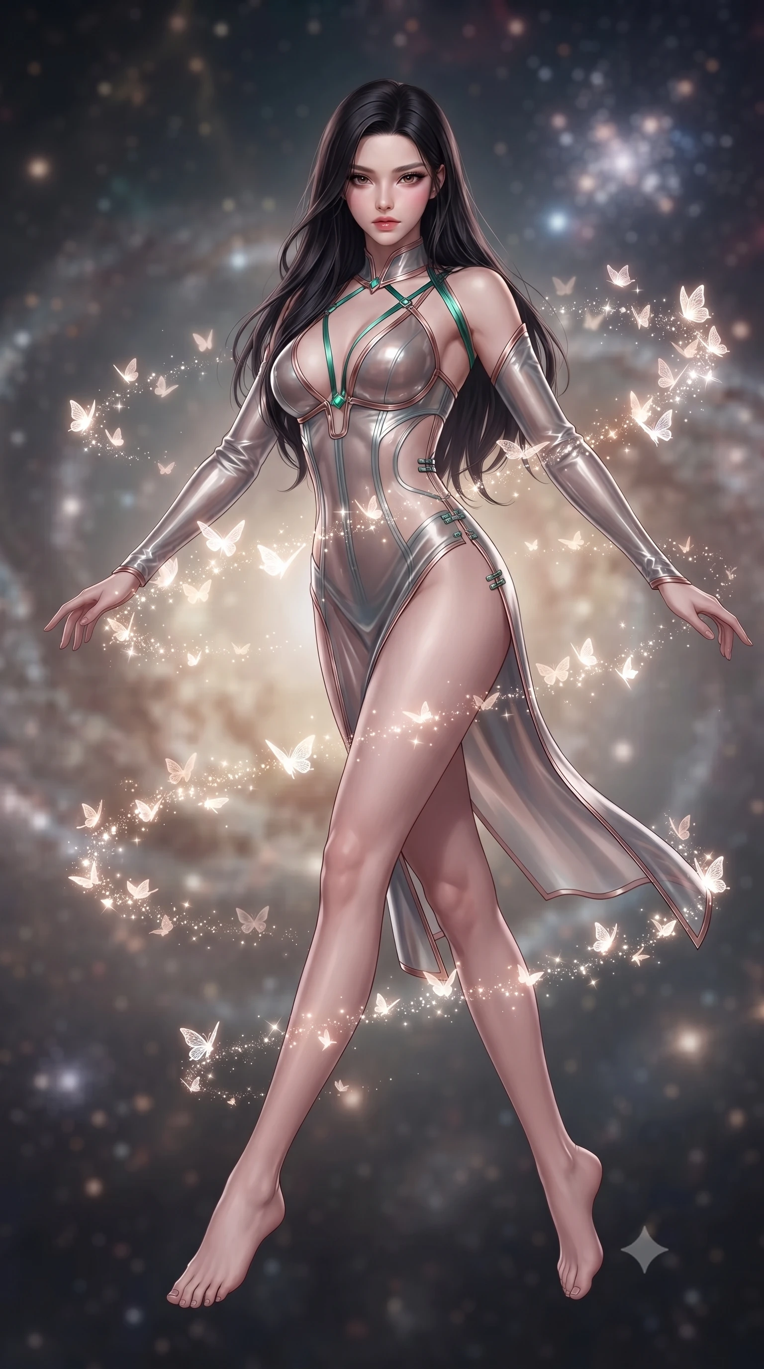 score_9, masterpiece, best quality, ultra-detailed, high-budget anime keyframe, editorial fashion photography, tasteful artistic composition, Korean woman. low angle full-body shot from head to toe showing her feet, filling the entire 9:16 vertical frame with her statuesque presence, stretching her vertical silhouette. performing an alluring mid-air vault with flawless poise, looking directly into the camera with smoldering intensity while surrounded by thousands of glowing digital butterflies that orbit her body in glittering spirals. The composition keeps background elements in soft focus with creamy bokeh. stardust rings and distant celestial clusters softened in smooth ethereal depth of field. She has an absolutely perfect, statuesque 8.5-heads proportion, an exceptionally tall and slender model-like female figure with impossibly long slender legs and an ultra-slim waist. sharp v-shaped jawline, high-bridge nose, intricate jewel-like eyes with depth, thick eyelashes, glossy lips with a natural sheen, flawlessly proportioned anatomical accuracy, natural body alignment, perfectly sculpted elegant limbs, clean dynamic posture without body distortion. wearing a translucent cybernetic corset in semi-opaque structured vinyl, combined with detached sleeves and a deep-plunging neckline secured by glowing micro-straps in emerald green and metallic rose gold trim, made of liquid metal jersey that clings flawlessly to every contour of her build, finished with an ultra-high side slit secured by miniature magnetic clasps, the daring cutouts accentuating her delicate midriff, graceful collarbones, and feminine contour. illuminated by sharp white front key lights and glowing cosmic rim highlights. ultra-reflective glossy finish, specular highlights, metallic sheen, high-contrast stereoscopic depth, volumetric dynamic lighting, 2k, ultra detail, master piece, 9:16 ratio