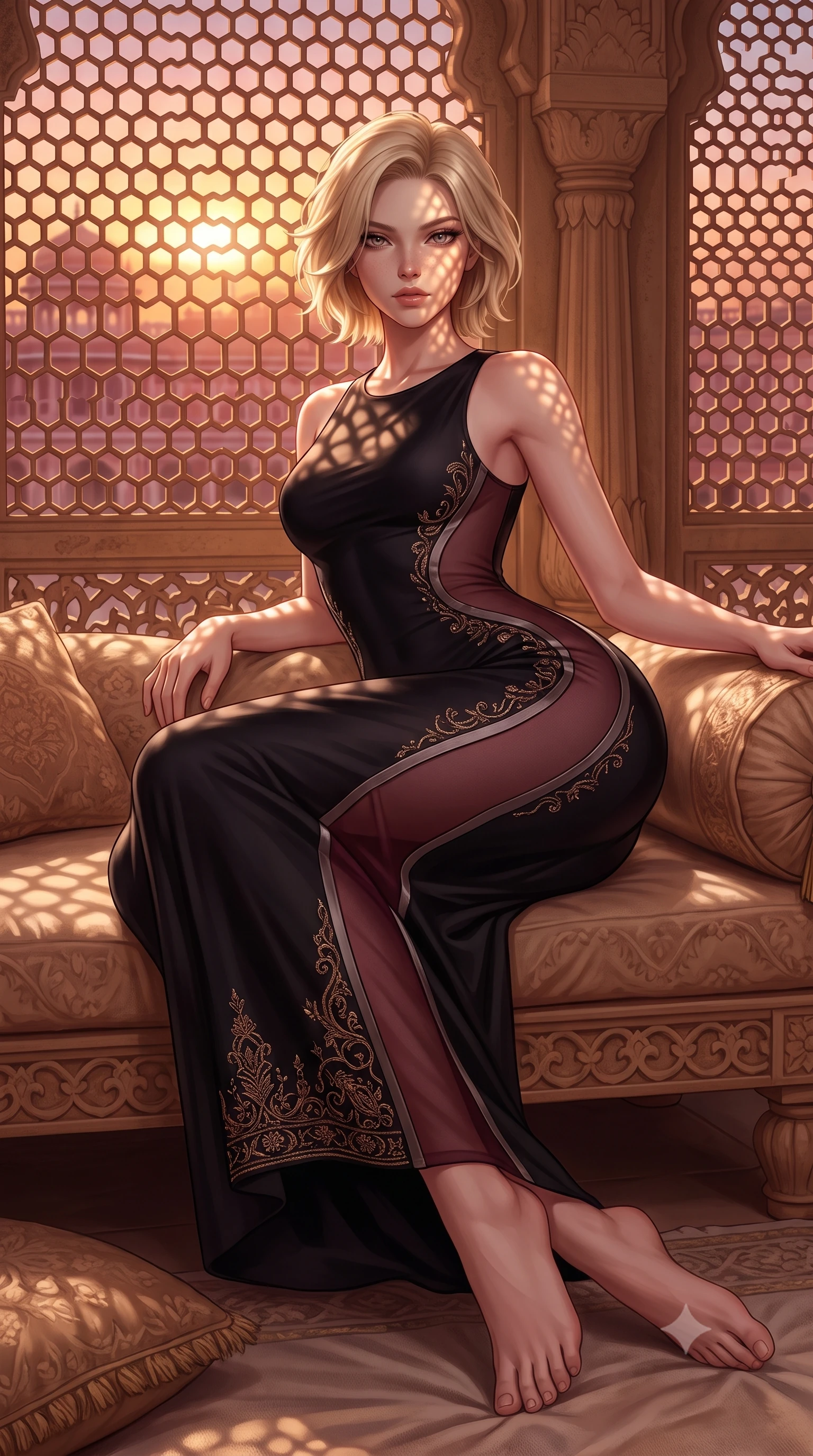 score_9, masterpiece, best quality, ultra-detailed, high-budget anime keyframe, semi-realistic 3D game render, editorial fashion photography, tasteful artistic composition, Caucasian woman. low angle full-body shot from head to toe showing her feet, filling the entire 9:16 vertical frame with her statuesque presence, stretching her vertical silhouette. reclining on her side in an elegant Cleopatra pose with one knee drawn up, the dramatic contour of her rounded hips and long slender legs commanding the 9:16 vertical frame while leaning back against the carved sandstone honeycomb screen with hips cocked, casting an enigmatic, sultry bedroom-gaze over the royal Pink City. The surrounding environment is rendered in vivid detail and crisp panoramic clarity. detailed silk zardozi embroidery on gown, warm sunset sheen on skin, and Jaipur palace facade geometry in high resolution. She has an exceptionally tall and slender model-like 8.5-heads proportion, an ultra-slim waist, a flat toned midriff, narrow delicate ribcage, and beautifully sculpted feminine hips creating a graceful, slim hourglass silhouette without any bulky heaviness, with impossibly long slender legs. sharp v-shaped jawline, high-bridge nose, intricate jewel-like eyes with depth, thick eyelashes, glossy parted lips with a natural sheen, intensely captivating and seductive bedroom-eyes expression, flawlessly proportioned anatomical accuracy, strict slender model proportions, natural body alignment, perfectly sculpted long slender limbs, ultra-slim waistline, clean dynamic posture without body distortion. wearing a second-skin black silk jersey maxi dress with asymmetrical sheer mesh side panels tracing the full curve of her hip in deep wine burgundy and brushed dark platinum, tailored from liquid silk jersey adhering flawlessly to her slender build, finished with criss-cross back satin straps highlighting her graceful shoulder blades, the second-skin form-contouring cut accentuating her sculpted flat midriff, narrow delicate ribcage, and gracefully curvy hips with supermodel precision. illuminated by delicate patterned light filtering through stone lattice screens sculpting her razor-sharp jawline, narrow waist, and curvy hips. highly saturated vibrant anime colors, detailed shading with soft gradients, rich glossy textures, high-contrast stereoscopic depth, volumetric dynamic lighting, master piece, 9:16 ratio