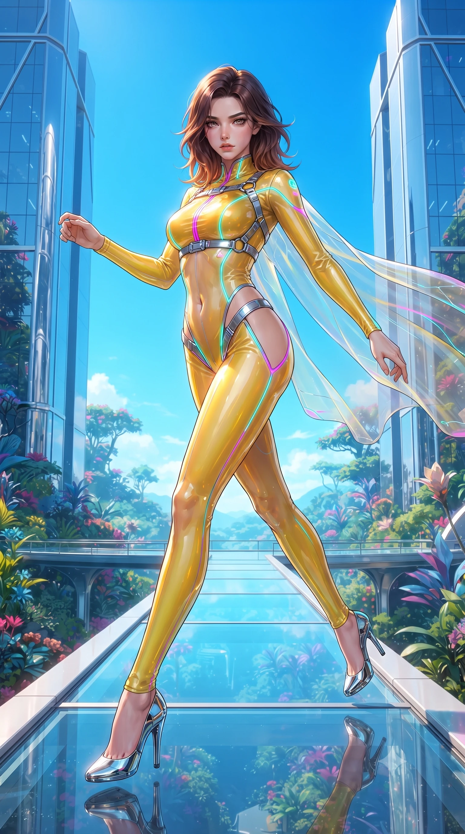 score_9, masterpiece, best quality, ultra-detailed, high-budget anime keyframe, editorial fashion photography, tasteful artistic composition, Korean woman. low angle full-body shot from head to toe showing her feet, filling the entire 9:16 vertical frame with her statuesque presence, stretching her vertical silhouette. performing an alluring mid-air vault with flawless poise, looking directly into the camera with smoldering intensity while stepping along a verdant sky-garden walkway suspended between twin gleaming architectural towers. The surrounding environment is rendered in vivid detail and crisp panoramic clarity. vibrant contrast between lush green flora, modern architecture, and brilliant blue sky in panoramic precision. She has an absolutely perfect, statuesque 8.5-heads proportion, an exceptionally tall and slender model-like female figure with impossibly long slender legs, a toned flat midriff, and an ultra-slim waist. sharp v-shaped jawline, high-bridge nose, intricate jewel-like eyes with depth, thick eyelashes, glossy lips with a natural sheen, flawlessly proportioned anatomical accuracy, strict slender model proportions, natural body alignment, perfectly sculpted long slender limbs, ultra-slim waistline, clean dynamic posture without body distortion. wearing a skin-tight cybernetic bodysuit with glowing neon seams, deep hip cutouts, and an aerodynamic athletic fit in vibrant sunburst canary yellow and gold trim, tailored from semi-translucent cybernetic vinyl with glowing micro-filaments, reinforced by a sleek metallic chrome harness and delicate glowing micro-straps, the precision-cut daring openings accentuating her delicate midriff, graceful bare collarbones, and ultra-slim feminine waistline. surrounded by an exhilarating, elevated, and radiantly sensual rooftop garden aura. ultra-reflective glossy finish, specular highlights, metallic sheen, high-contrast stereoscopic depth, volumetric dynamic lighting, 2k, ultra detail, master piece, 9:16 ratio