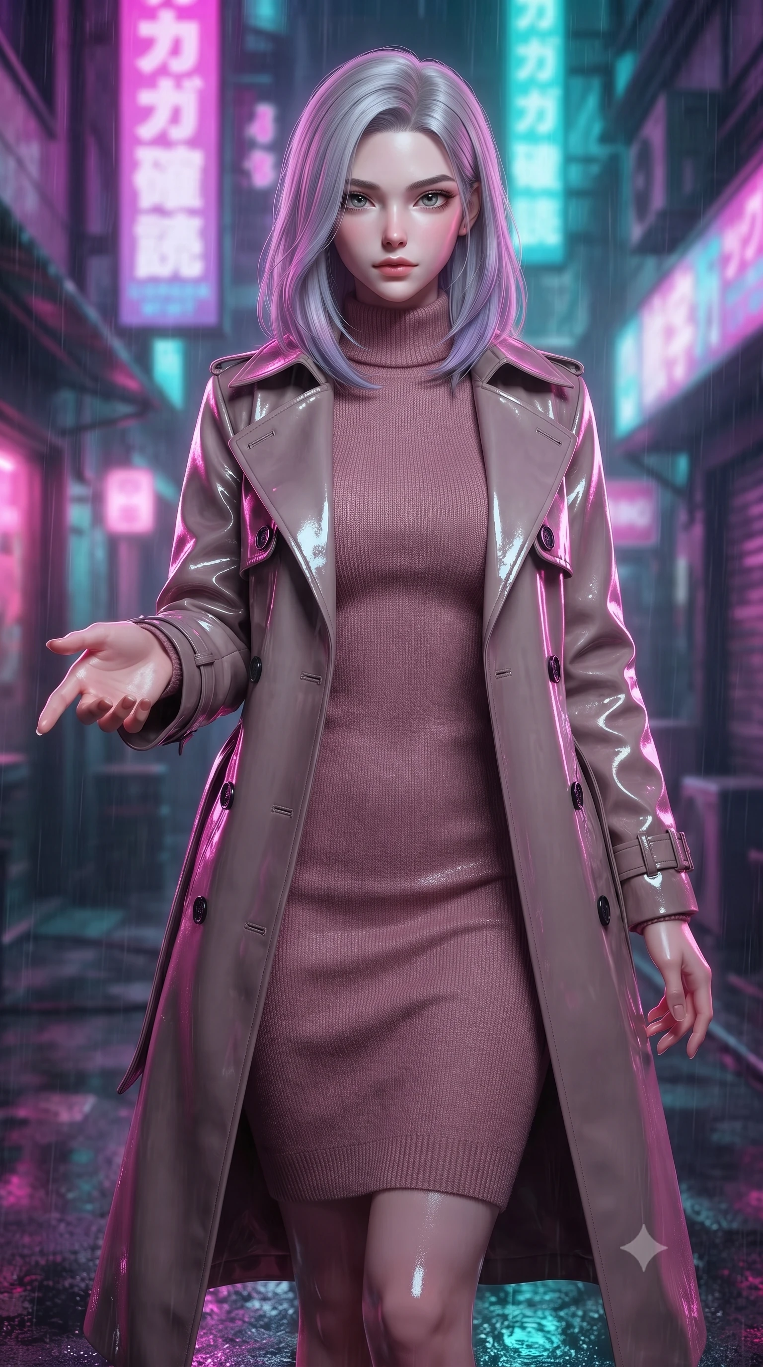 score_9, masterpiece, best quality, ultra-detailed, high-budget anime keyframe, editorial fashion photography, tasteful artistic composition, Caucasian woman woman. close-up cowboy shot from the waist and thighs up, the character dominates the composition, filling the frame with her large presence, background elements kept in soft focus. She has an exceptionally elegant, slender, and willowy female figure with an ultra-slim waist, a gracefully sculpted slender torso, and a refined silhouette. reaching one hand toward the viewer with relaxed elegance, her gaze holding quiet authority, flawlessly proportioned anatomical accuracy, natural body alignment, perfectly sculpted elegant limbs, clean dynamic posture without body distortion. set against a soft-focus background of a cyberpunk alley with wet asphalt reflecting rain. wearing a classic tailored trench coat over a high-neck dusty rose knit midi dress. drenched in wet neon reflections of magenta and turquoise casting glossy specular highlights. ultra-reflective glossy finish, specular highlights, metallic sheen, high-contrast stereoscopic depth, volumetric dynamic lighting, 2k, ultra detail, master piece, 9:16 ratio