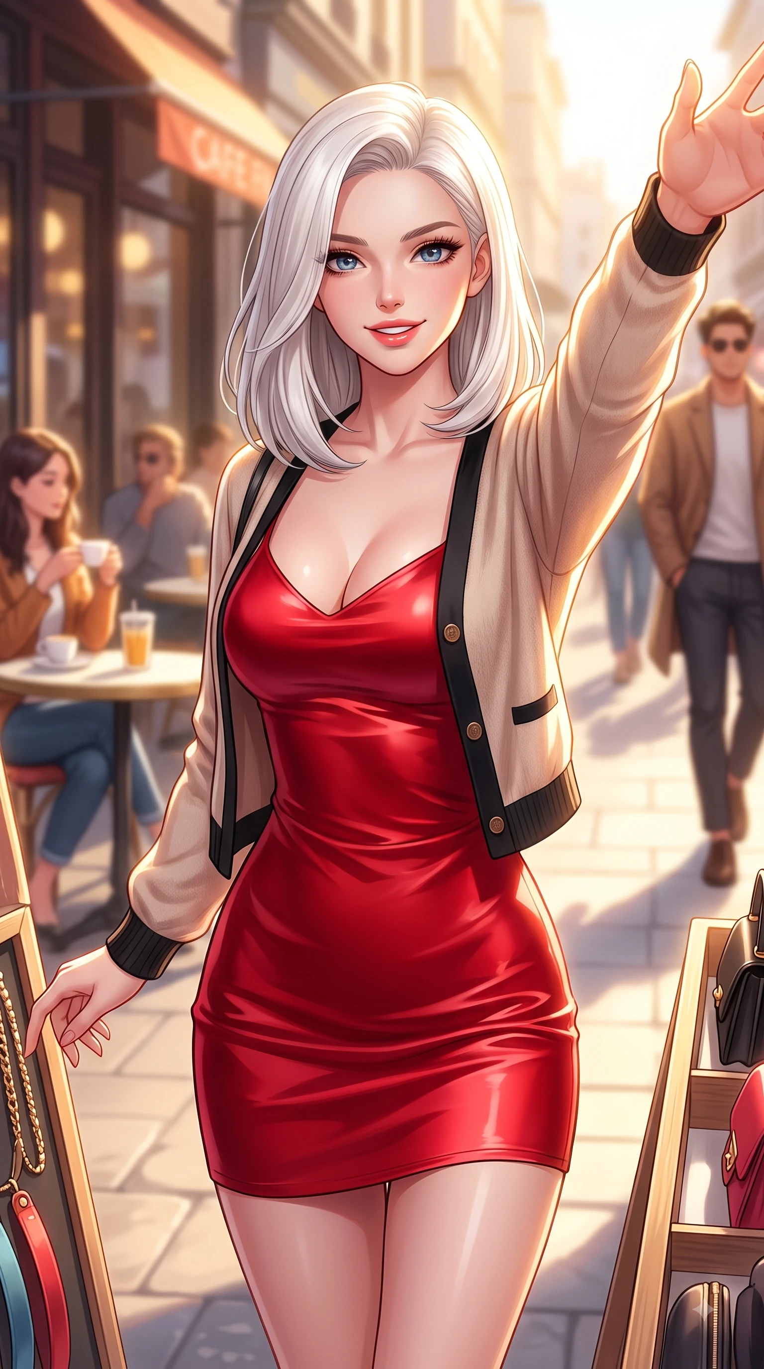 score_9, masterpiece, best quality, ultra-detailed, high-budget anime keyframe, editorial fashion photography, tasteful artistic composition, Caucasian woman. close-up cowboy shot from the waist and thighs up, the character dominates the composition, filling the frame with her large presence. Extending one arm in an elegant stretch toward the light while smiling with vibrant, youthful self-assurance while reaching out playfully toward the camera while browsing an outdoor fashion accessory display. The composition keeps background elements in soft focus with dreamy bokeh. sunlit cafe terraces and stylish passersby softened in a dreamy shallow depth of field. She has an exceptionally elegant, slender, and willowy female figure with an ultra-slim waist, a gracefully sculpted slender torso, and a refined silhouette. sharp v-shaped jawline, high-bridge nose, intricate jewel-like eyes with depth, thick eyelashes, glossy lips with a natural sheen, flawlessly proportioned anatomical accuracy, natural body alignment, perfectly sculpted elegant limbs, clean dynamic posture without body distortion. wearing a glossy satin slip dress layered under a soft cashmere cardigan in vibrant scarlet red and sleek black trim, made of premium stretch jersey that follows her curves like a glove, accented with a Tasteful chest slit framing her clavicle gracefully, the sleek second-skin texture accentuating her magnetic presence. bathed in brilliant golden hour sunshine and warm urban ambient illumination. highly saturated vibrant anime colors, detailed shading with soft gradients, rich glossy textures, high-contrast stereoscopic depth, volumetric dynamic lighting, master piece, 9:16 ratio