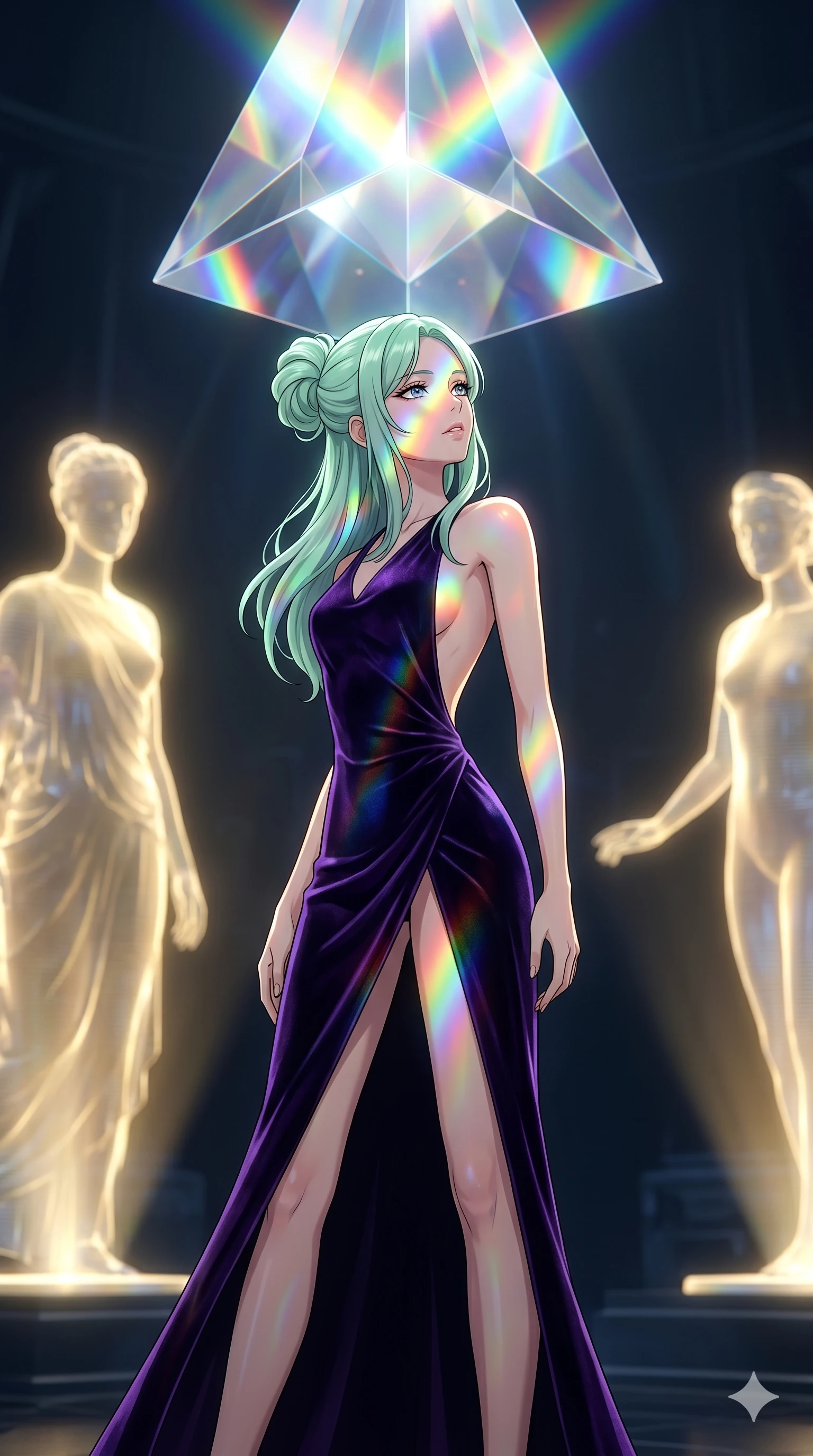 score_9, masterpiece, best quality, ultra-detailed, high-budget anime keyframe, editorial fashion photography, tasteful artistic composition, Japanese woman. cowboy shot from the thighs up, character and outfit filling the frame for maximum editorial presence. Glancing upward with a thoughtful, dreamy expression, the light catching her glossy lips within a digital sanctuary where holographic statues cast soft golden lighting. She has an absolutely perfect 8-heads proportion, an exceptionally tall and slender female figure with impossibly long slender legs and an ultra-slim waist. V-shaped jawline, high-bridge nose, intricate jewel-like eyes with depth, thick eyelashes, glossy lips with a natural sheen. wearing a dark violet velvet evening gown with a dramatically open back and a high front slit revealing long legs. illuminated by refracted rainbow light from a crystal prism overhead, coloring her face and outfit. 2k, ultra detail, master piece, 9:16 ratio