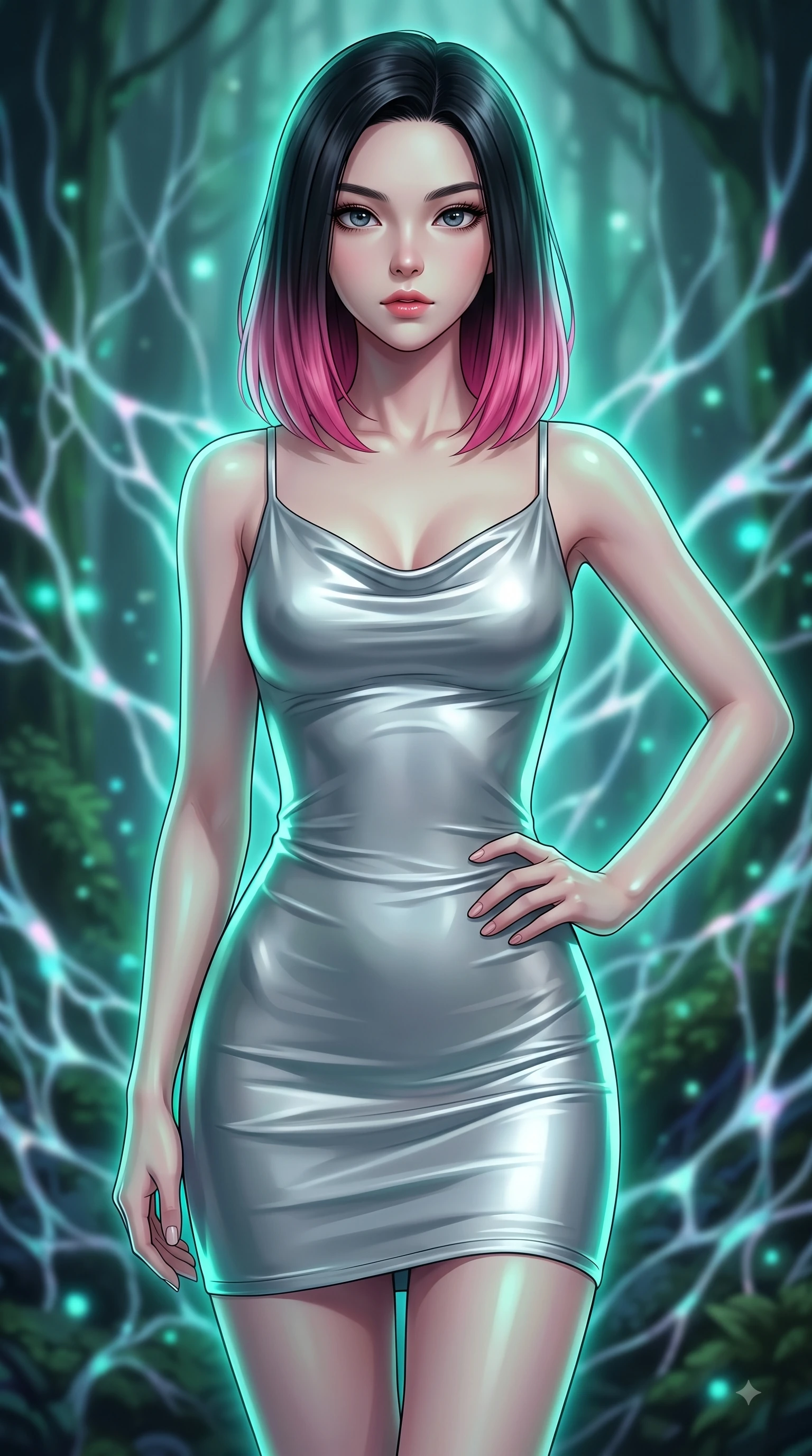 score_9, masterpiece, best quality, ultra-detailed, high-budget anime keyframe, editorial fashion photography, tasteful artistic composition, Korean woman woman. close-up cowboy shot from the waist and thighs up, the character dominates the composition, filling the frame with her large presence, background elements kept in soft focus. She has an exceptionally elegant, slender, and willowy female figure with an ultra-slim waist, a gracefully sculpted slender torso, and a refined silhouette. holding a confident power pose with one hand on her hip, looking directly into the camera with quiet self-assurance, flawlessly proportioned anatomical accuracy, natural body alignment, perfectly sculpted elegant limbs, clean dynamic posture without body distortion. set against a soft-focus background of an ancient rainforest with pulsing opal fungal mycelium networks. wearing a sleek bodycon liquid silver jersey dress hugging every curve with a subtle cowl neckline. bathed in cool emerald and cyan bioluminescent organic glow wrapping her silhouette. highly saturated vibrant anime colors, detailed shading with soft gradients, rich glossy textures, high-contrast stereoscopic depth, volumetric dynamic lighting, master piece, 9:16 ratio