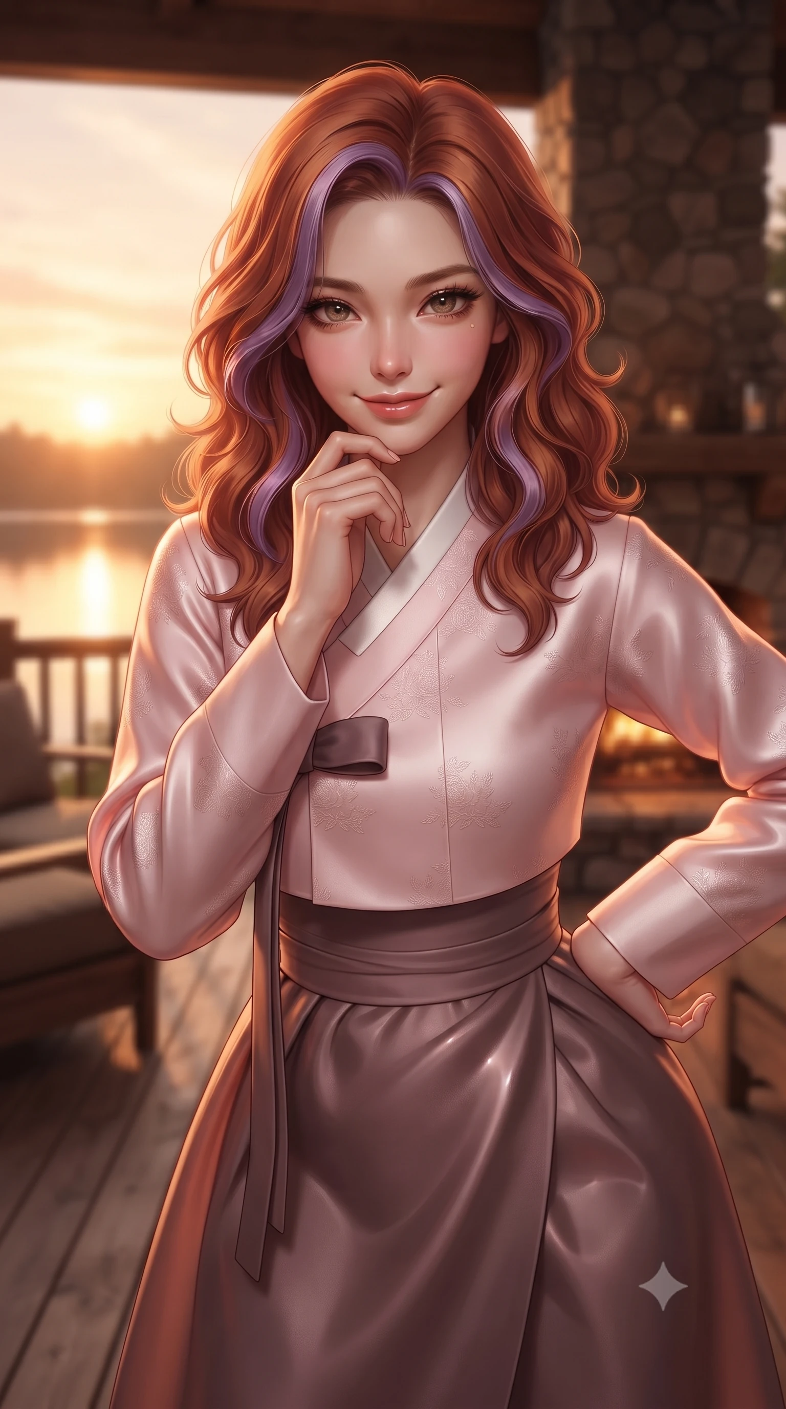 score_9, masterpiece, best quality, ultra-detailed, high-budget anime keyframe, editorial fashion photography, tasteful artistic composition, Caucasian woman. close-up cowboy shot from the waist and thighs up, the character dominates the composition, filling the frame with her large presence, background elements kept in soft focus. leaning slightly forward with a playful, teasing smile, her gaze locked onto the viewer the background shows a soft-focus a rustic wood deck with a stone fireplace facing a lake in a private estate. She has an exceptionally elegant, slender, and willowy female figure with an ultra-slim waist, a gracefully sculpted slender torso, and a refined silhouette. sharp v-shaped jawline, high-bridge nose, intricate jewel-like eyes with depth, thick eyelashes, glossy lips with a natural sheen. wearing a slim-fit modern fusion hanbok jeogori in light pink silk, paired with a high-waisted wrap skirt. warm sunset light casting a peaceful, cozy orange wash on her figure. ultra-reflective glossy finish, specular highlights, metallic sheen, high-contrast stereoscopic depth, volumetric dynamic lighting, 2k, ultra detail, master piece, 9:16 ratio