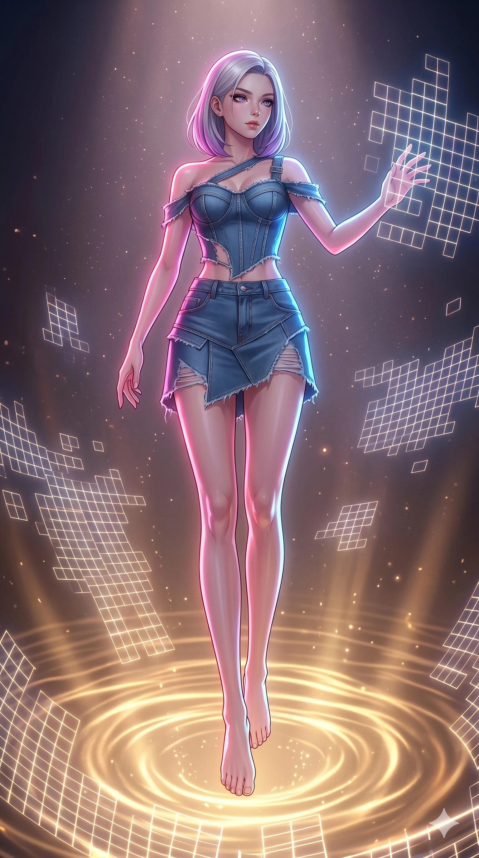 score_9, masterpiece, best quality, ultra-detailed, high-budget anime keyframe, editorial fashion photography, tasteful artistic composition, Caucasian woman, strictly human ears. low angle full-body shot from head to toe showing her feet, filling the entire 9:16 vertical frame with her statuesque presence, stretching her vertical silhouette. floating suspended above amidst a swirling vortex of glowing virtual reality grid fragments as waves of warm golden light ripple outward from her steps. She has an absolutely perfect 8-heads proportion, an exceptionally tall and slender female figure with impossibly long slender legs and an ultra-slim waist. V-shaped jawline, high-bridge nose, intricate jewel-like eyes with depth, thick eyelashes, glossy lips with a natural sheen.. wearing a deconstructed denim corset and an asymmetric ripped denim structured mini-skirt, showcasing a rugged yet chic off-shoulder style. bathed in brilliant cinematic volumetric lighting and intense neon rim light highlighting her slender form. 2k, ultra detail, master piece, 9:16 ratio