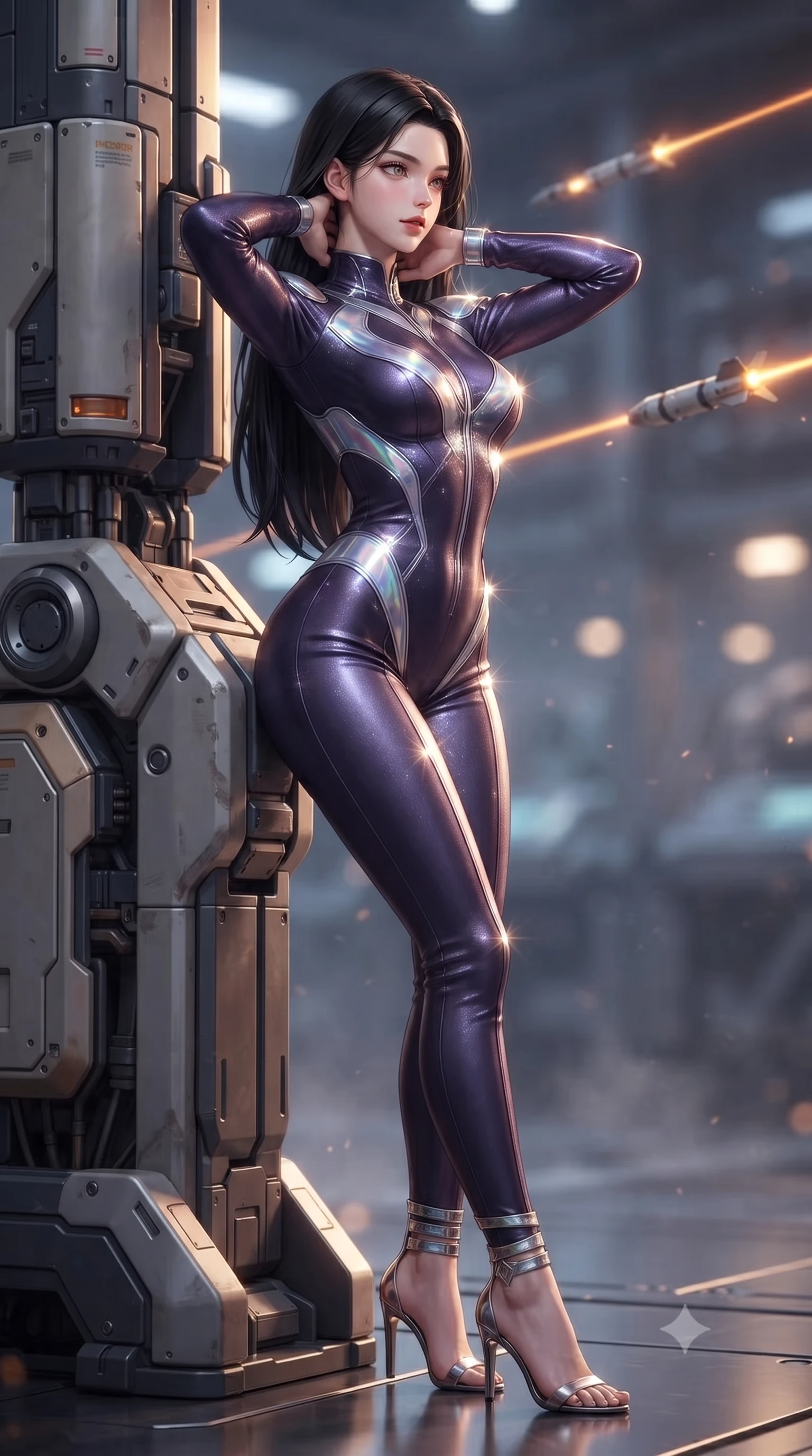 score_9, masterpiece, best quality, ultra-detailed, high-budget anime keyframe, editorial fashion photography, tasteful artistic composition, Korean woman. close-up cowboy shot from the waist and thighs up, the character dominates the composition, filling the frame with her large presence. resting both hands lightly behind her neck with elbows raised, arching her spine to highlight her narrow waist, flat midriff, and breathtaking collarbones while leaning against the robotic loader pylon with hips cocked back, watching amber laser targeting beams scan floating munitions with intoxicating bedroom-eyes. The background shows a soft-focus zero-gravity particulate haze softened in orbital defense armory shallow focus. She has an exceptionally elegant, slender, and willowy female figure with an ultra-slim waist, flat toned midriff, narrow ribcage, and sculpted feminine hips creating an alluring, slim hourglass silhouette without bulk. sharp v-shaped jawline, high-bridge nose, intricate jewel-like sparkling eyes with depth, thick eyelashes, glossy parted lips with a natural peach sheen, bright cheerful beaming smile with an enchanting and coquettish sensual glint, exuding both youthful cute charm and seductive allure, flawlessly proportioned anatomical accuracy, strict slender model proportions, natural body alignment, perfectly sculpted long slender limbs, ultra-slim waistline, clean dynamic posture without body distortion. wearing a form-fitting orbital flight command jumpsuit in dark purple liquid satin with a high collar, contouring tightly to her narrow waist and feminine hips in iridescent mother-of-pearl and liquid molten silver, woven from stretch metallic lurex jersey casting radiant starlight glints across her curves, complemented by strappy stiletto sandals with metallic ankle wraps accentuating her slender calves, the glove-like clinging cut tightly following the natural contour of her hips and long slender legs with youthful 8.5-heads elegance. illuminated by dark titanium floor reflection bounce and sharp platinum-amber rim lights sculpting her jawline, narrow waist, and curvy hips. ultra-reflective glossy finish, specular highlights, rich textural contrasts, high-contrast stereoscopic depth, volumetric dynamic lighting, 2k, ultra detail, master piece, 9:16 ratio
