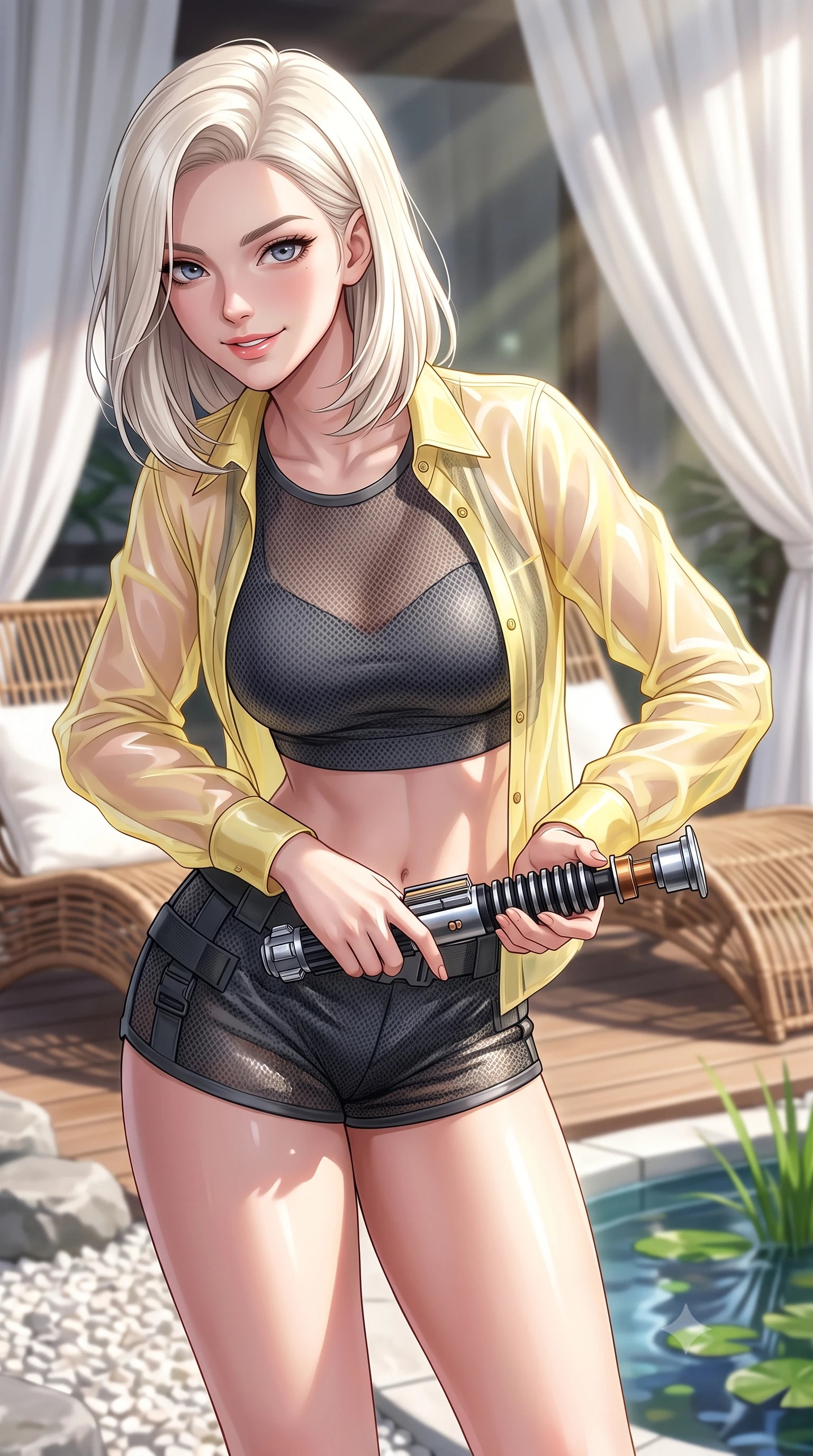 score_9, masterpiece, best quality, ultra-detailed, high-budget anime keyframe, editorial fashion photography, tasteful artistic composition, Caucasian woman. close-up cowboy shot from the waist and thighs up, the character dominates the composition, filling the frame with her large presence, background elements kept in soft focus. leaning slightly forward with a playful, teasing smile while holding a deactivated plasma saber hilt, the background shows a soft-focus a rock garden deck with rattan lounge chairs and white cotton drapes. She has an exceptionally elegant, slender, and willowy female figure with an ultra-slim waist, a gracefully sculpted slender torso, and a refined silhouette. sharp v-shaped jawline, high-bridge nose, intricate jewel-like eyes with depth, thick eyelashes, glossy lips with a natural sheen. wearing a slim-fit sheer organza combat shirt in pale yellow, worn open over a carbon-mesh crop top and micro-shorts. bright morning sun rays creating fresh and energetic shadows on her gear. highly saturated vibrant anime colors, detailed shading with soft gradients, rich glossy textures, high-contrast stereoscopic depth, volumetric dynamic lighting, master piece, 9:16 ratio
