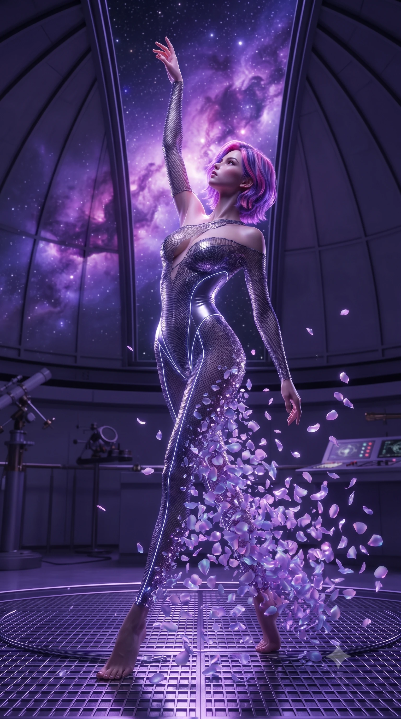 score_9, masterpiece, best quality, ultra-detailed, High-budget Anime Keyframe, editorial fashion photography, tasteful artistic composition, realistic cosplay photography, Caucasian woman, strictly human ears. Dynamic full-body shot stretching the vertical silhouette to the limit. Scenario 271: dissolving into a cloud of iridescent silk petals inside a high-altitude observatory dome under a swirling violet nebula. Her presence is magnetic and overpowering in this high-budget cinematic scene. Outfit 271: a tailored micro-mesh lace mesh with a low-cut shoulder and glowing LED seams. The clothing is designed to emphasize her exceptionally tall and slender 8-heads proportion. 8-heads proportion, towering silhouette, ultra-slim waist. sharp v-shaped jawline, intricate jewel-like eyes with depth, thick eyelashes, glossy lips. ultra-reflective glossy finish, specular highlights, metallic sheen, high-contrast stereoscopic depth, volumetric dynamic lighting, 2k, ultra detail, master piece, 9:16 ratio