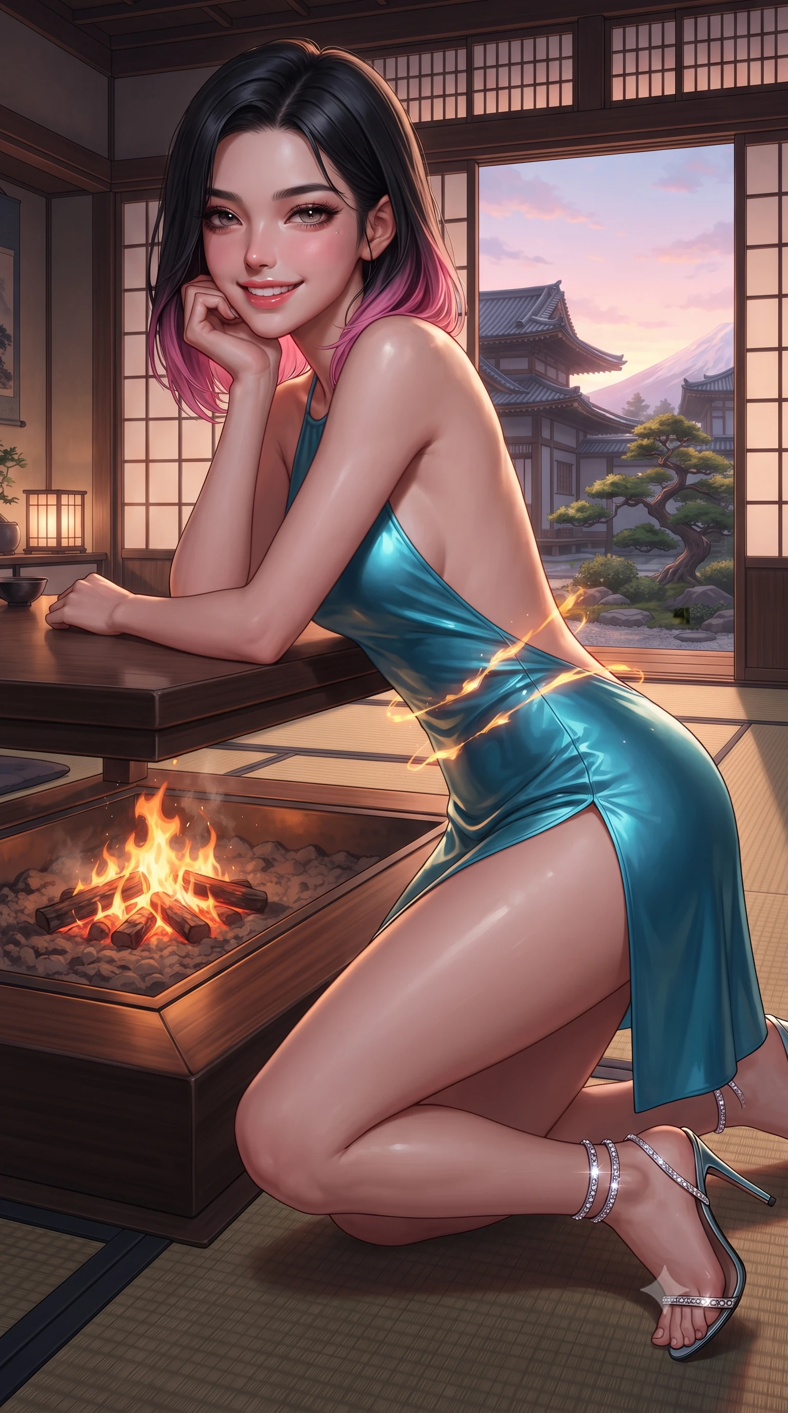 score_9, masterpiece, best quality, ultra-detailed, high-budget anime keyframe, editorial fashion photography, tasteful artistic composition, Korean woman. close-up cowboy shot from the waist and thighs up, the character dominates the composition, filling the frame with her large presence. resting one elbow on the table and supporting her chin, leaning close to the camera with heavy-lidded sparkling eyes and parted lips while twisting her slender torso in an alluring contrapposto stance beside the sunken hearth fire pit, amber flame ribbons tracing her flat midriff and hips. The surrounding environment is rendered in vivid detail and crisp panoramic clarity: detailed garment cut, bodycon tailoring, and master Japanese mountain architecture in razor-sharp precision. She has an exceptionally elegant, slender, and willowy female figure with an ultra-slim waist, flat toned midriff, narrow ribcage, and sculpted feminine hips creating an alluring, slim hourglass silhouette without bulk. sharp v-shaped jawline, high-bridge nose, intricate jewel-like sparkling eyes with depth, thick eyelashes, glossy parted lips with a natural peach sheen, bright cheerful beaming smile with an enchanting and coquettish sensual glint, exuding both youthful cute charm and seductive allure, flawlessly proportioned anatomical accuracy, strict slender model proportions, natural body alignment, perfectly sculpted long slender limbs, ultra-slim waistline, clean dynamic posture without body distortion. wearing a provocative backless halterneck silk lamé mini dress with deep scoop back down to her lower spine and thigh-high slit in Icelandic geothermal cyan and volcanic basalt obsidian, made of fluid liquid jersey with seamless sculpting hold and smooth contours, complemented by strappy stiletto sandals with crystal ankle wraps accentuating her slender calves, the high-slit wrap tailoring accentuating her ultra-slim waistline and the enchanting curve of her feminine hips with alluring seductive charm. bathed in the contrast of warm 2200K charcoal hearth embers and pastel alpenglow twilight washing across the sky. ultra-reflective glossy finish, specular highlights, rich textural contrasts, high-contrast stereoscopic depth, volumetric dynamic lighting, 2k, ultra detail, master piece, 9:16 ratio