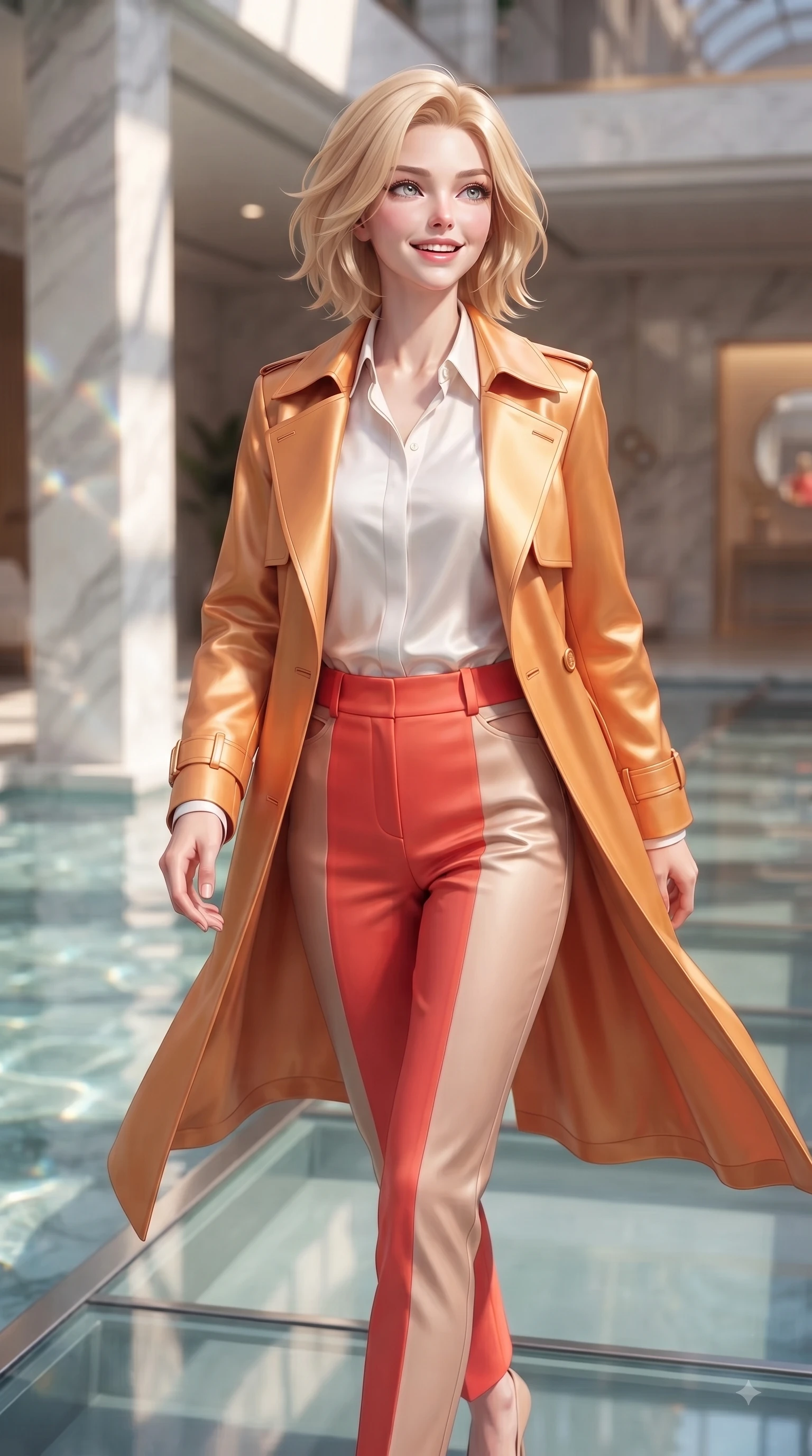 score_9, masterpiece, best quality, ultra-detailed, high-budget anime keyframe, editorial fashion photography, tasteful artistic composition, Caucasian woman. close-up cowboy shot from the waist and thighs up, the character dominates the composition, filling the frame with her large presence. Radiant anticipation in her face, glowing with hopeful curiosity and warm expectant energy while stepping gracefully along a glass bridge overlooking a sunlit indoor reflecting pool. The composition keeps background elements in soft focus with dreamy bokeh. sunlit water refractions and marble pillars softened by creamy shallow depth of field. She has an exceptionally elegant, slender, and willowy female figure with an ultra-slim waist, a gracefully sculpted slender torso, and a refined silhouette. sharp v-shaped jawline, high-bridge nose, intricate jewel-like eyes with depth, thick eyelashes, glossy lips with a natural sheen, flawlessly proportioned anatomical accuracy, natural body alignment, perfectly sculpted elegant limbs, clean dynamic posture without body distortion. wearing a stylish sunset amber trench coat over a crisp white shirt and tailored trousers in vibrant coral red and soft beige, crafted from smooth liquid silk satin, complemented by clean architectural seams and subtle cutouts, the tailored fit highlighting her statuesque and model-like silhouette. surrounded by a high-end, luxury architectural fashion aesthetic. ultra-reflective glossy finish, specular highlights, metallic sheen, high-contrast stereoscopic depth, volumetric dynamic lighting, 2k, ultra detail, master piece, 9:16 ratio