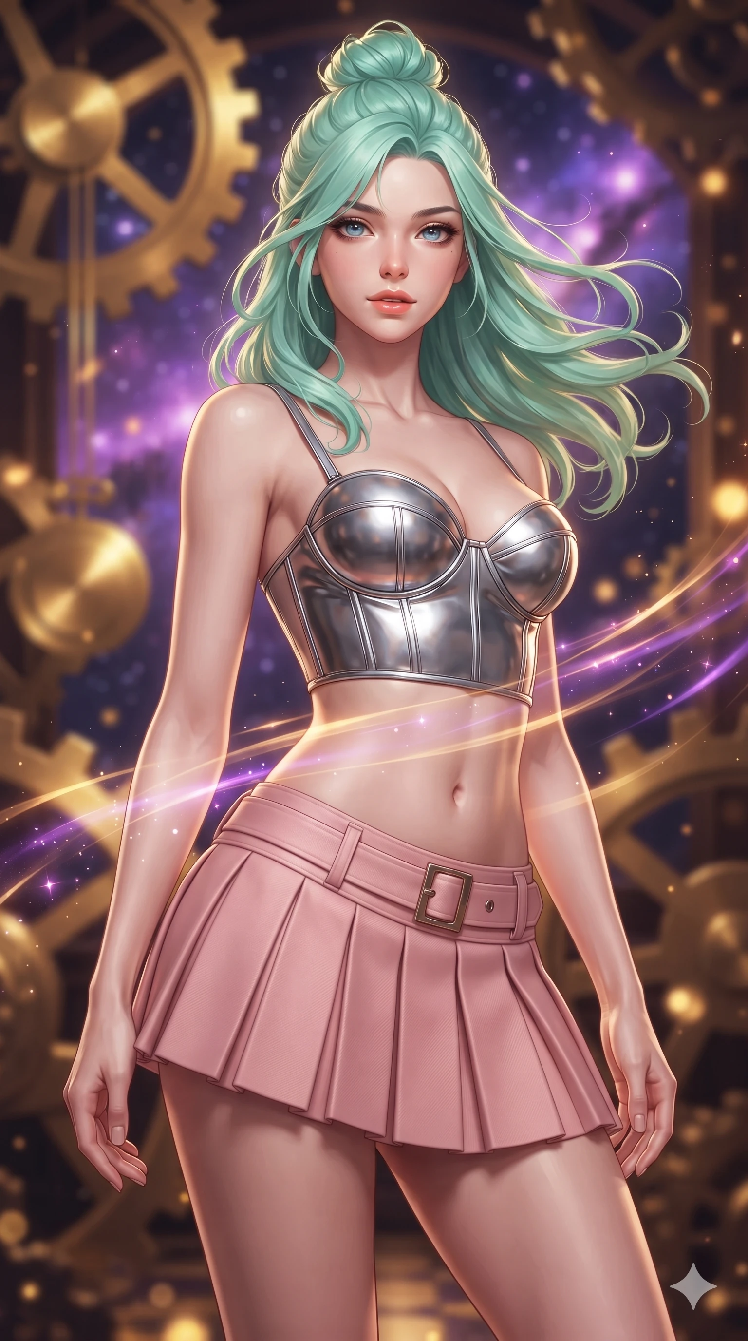 score_9, masterpiece, best quality, ultra-detailed, high-budget anime keyframe, editorial fashion photography, tasteful artistic composition, Japanese woman. close-up cowboy shot from the waist and thighs up, the character dominates the composition, filling the frame with her large presence. turning slowly with an enchanting smoldering smile, her glossy hair tossing in the breeze as her hips angle gracefully in a captivating contrapposto while twisting her slender torso in an alluring contrapposto stance, golden brass gear reflections and purple starlight painting fluid light ribbons across her narrow waist and hips. The background shows a soft-focus colossal rotating brass cogwheels, sweeping clockwork pendulums, and vibrant purple stellar nebulae blurred into gold, amber, and violet bokeh. She has an exceptionally elegant, slender, and willowy female figure with an ultra-slim waist, flat toned midriff, narrow ribcage, and sculpted feminine hips creating an alluring, slim hourglass silhouette without bulk. sharp v-shaped jawline, high-bridge nose, intricate jewel-like sparkling eyes with depth, thick eyelashes, glossy parted lips with a natural peach sheen, bright cheerful beaming smile with an enchanting and coquettish sensual glint, exuding both youthful cute charm and seductive allure, flawlessly proportioned anatomical accuracy, strict slender model proportions, natural body alignment, perfectly sculpted long slender limbs, ultra-slim waistline, clean dynamic posture without body distortion. wearing a chrome-plated structured underwire bustier top paired with an ultra-short low-rise pleated micro mini skirt in Solaris liquid rose-quartz and alien peach, crafted from bespoke double-faced cashmere with an exceptionally soft tactile finish, finished with sleek magnetic buckle closures fluttering in the breeze, the impeccably tailored cut draping gracefully along her slender figure with aristocratic poise. illuminated by gear train reflection bounce and sharp gold-violet rim lights sculpting her razor-sharp jawline, narrow waist, and curvy hips. ultra-reflective glossy finish, specular highlights, rich textural contrasts, high-contrast stereoscopic depth, volumetric dynamic lighting, 2k, ultra detail, master piece, 9:16 ratio