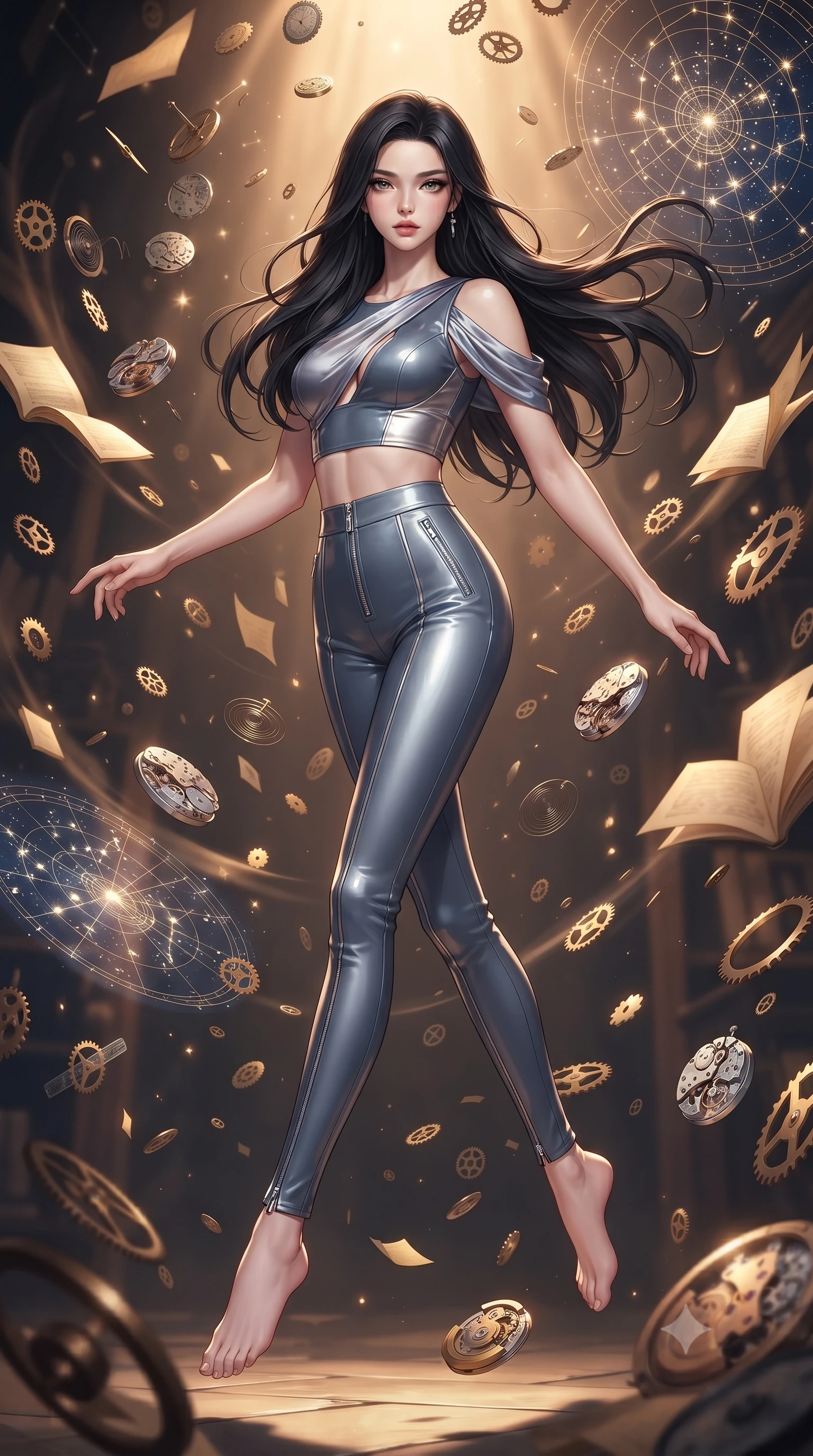 score_9, masterpiece, best quality, ultra-detailed, high-budget anime keyframe, editorial fashion photography, tasteful artistic composition, Korean woman. low angle full-body shot from head to toe showing her feet, filling the entire 9:16 vertical frame with her statuesque presence, stretching her vertical silhouette. leaping gracefully through the environment with statuesque elegance and long slender legs navigating a blizzard of floating analog gear parts and glowing star maps, golden paper pages fluttering gently around her in a magical breeze. She has an absolutely perfect, statuesque 8.5-heads proportion, an exceptionally tall and slender model-like female figure with impossibly long slender legs and an ultra-slim waist. sharp v-shaped jawline, high-bridge nose, intricate jewel-like eyes with depth, thick eyelashes, glossy lips with a natural sheen. wearing a glossy vinyl crop top and high-waist tailored leggings with sleek zippers in slate blue and metallic silver, crafted from lustrous satin jersey with fluid draping, accented with a Tasteful chest slit framing her clavicle gracefully, the glove-like fit emphasizing her statuesque silhouette. surrounded by warm hearth light and dramatic bronze rim highlights. ultra-reflective glossy finish, specular highlights, metallic sheen, high-contrast stereoscopic depth, volumetric dynamic lighting, 2k, ultra detail, master piece, 9:16 ratio