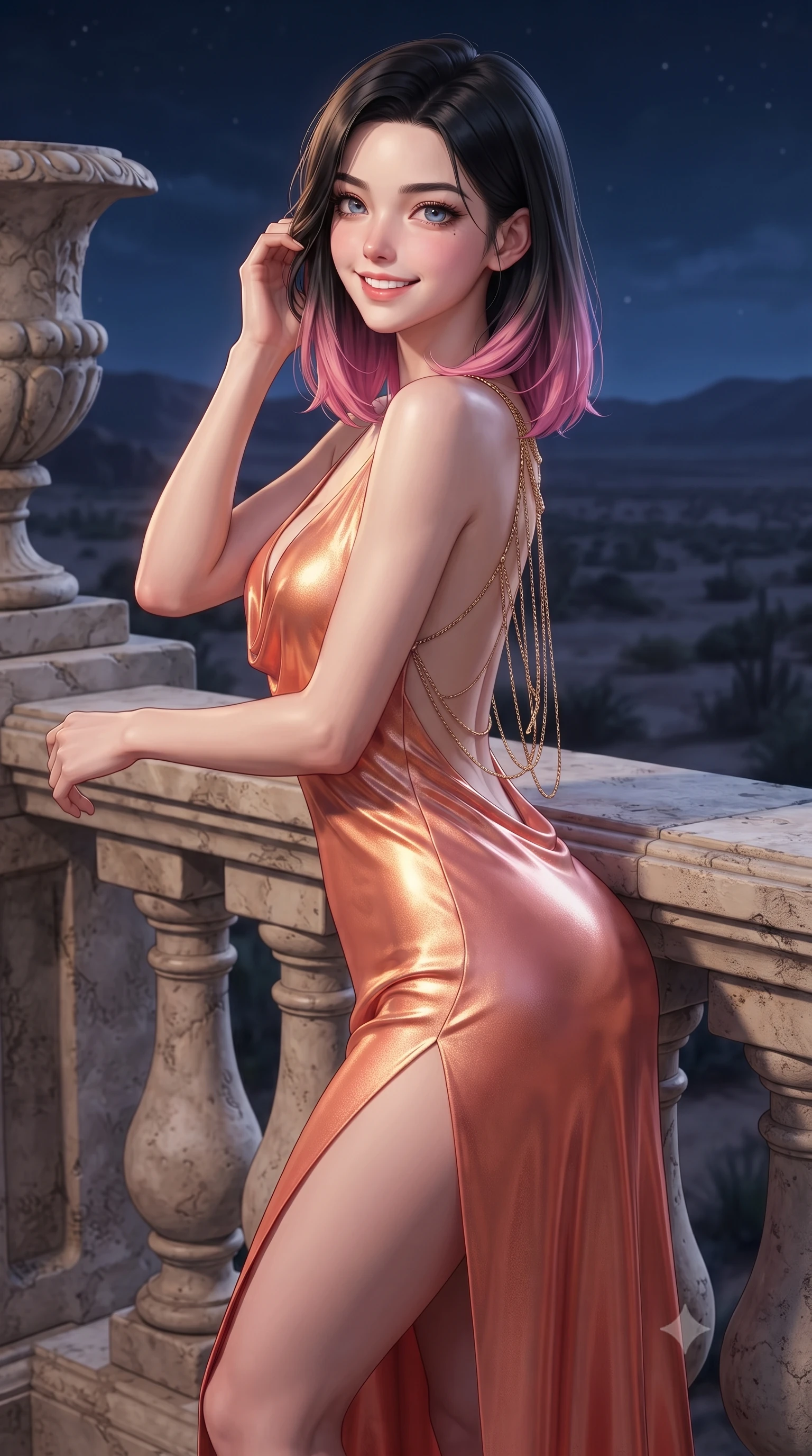 score_9, masterpiece, best quality, ultra-detailed, high-budget anime keyframe, editorial fashion photography, tasteful artistic composition, Korean woman. close-up cowboy shot from the waist and thighs up, the character dominates the composition, filling the frame with her large presence. gently brushing a lock of hair behind her ear while casting a playful, flirtatious side-gaze with long eyelashes while leaning against the carved stone balustrade with hips cocked back, looking out over the fragrant nocturnal plateau with heavy-lidded bedroom-eyes. The surrounding environment is rendered in vivid detail and crisp panoramic clarity: detailed garment drape, silhouette lines, and historic French stonecraft in razor-sharp precision. She has an exceptionally elegant, slender, and willowy female figure with an ultra-slim waist, flat toned midriff, narrow ribcage, and sculpted feminine hips creating an alluring, slim hourglass silhouette without bulk. sharp v-shaped jawline, high-bridge nose, intricate jewel-like sparkling eyes with depth, thick eyelashes, glossy parted lips with a natural peach sheen, bright cheerful beaming smile with an enchanting and coquettish sensual glint, exuding both youthful cute charm and seductive allure, flawlessly proportioned anatomical accuracy, strict slender model proportions, natural body alignment, perfectly sculpted long slender limbs, ultra-slim waistline, clean dynamic posture without body distortion. wearing a form-contouring gossamer silk chiffon slip dress with a hip-high slit and open cowl back clinging with dewy moisture in Palm Springs desert sunset coral and warm honey champagne, crafted from stretch micro-mesh with liquid foil coating that shimmers with every movement, accented with an open-back drape framed by falling strands of delicate gold chains, the precision-cut side openings and low-back scoop framing her graceful spine and the sensual sweep of her slim, toned hips. illuminated by terrace stone bounce and sharp silver-lavender rim lights sculpting her razor-sharp jawline, narrow waist, and curvy hips. ultra-reflective glossy finish, specular highlights, rich textural contrasts, high-contrast stereoscopic depth, volumetric dynamic lighting, 2k, ultra detail, master piece, 9:16 ratio