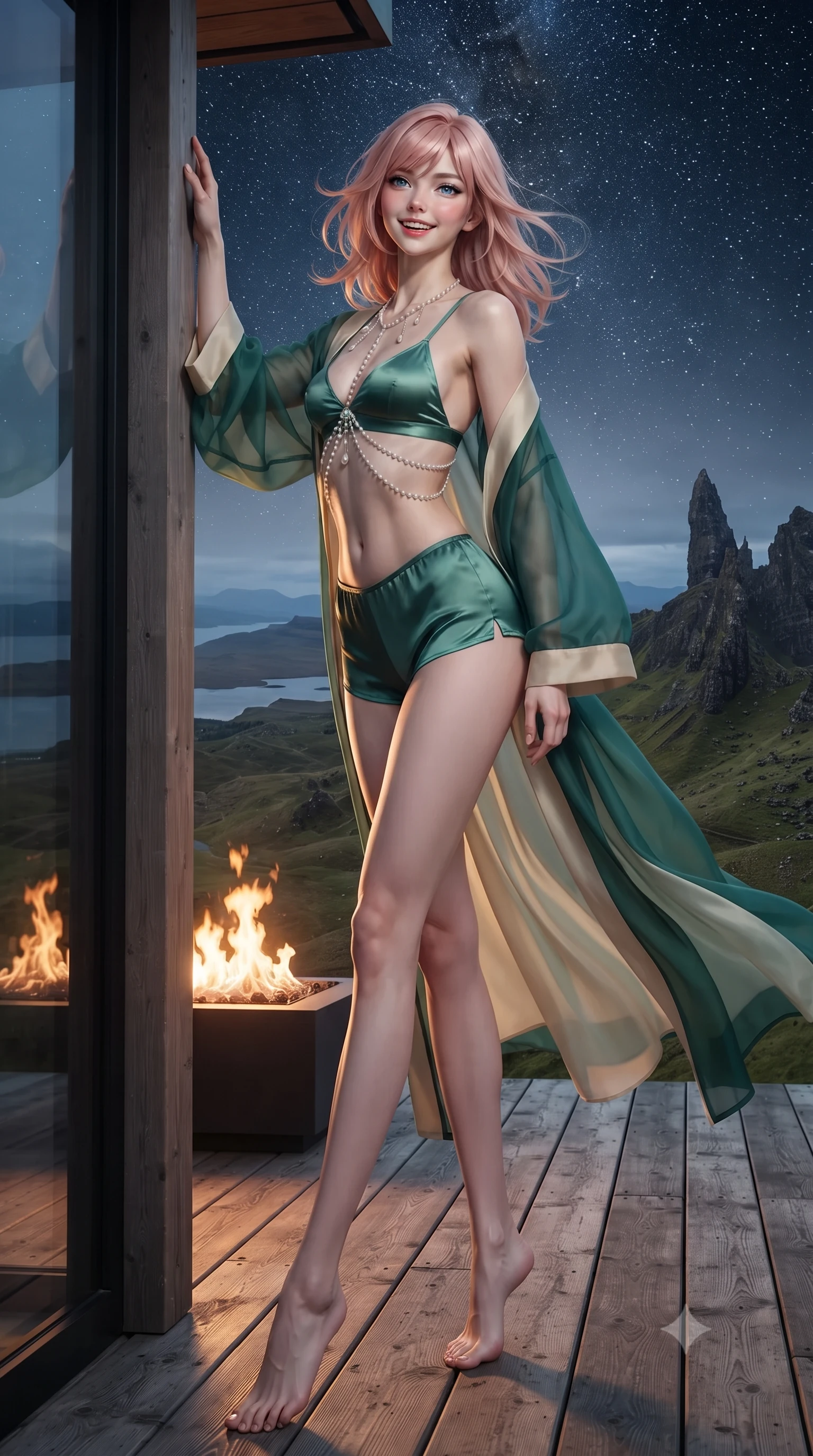 score_9, masterpiece, best quality, ultra-detailed, high-budget anime keyframe, editorial fashion photography, tasteful artistic composition, Japanese woman. low angle full-body shot from head to toe showing her feet, filling the entire 9:16 vertical frame with her statuesque presence, stretching her vertical silhouette. standing tall beside the architectural column, one hand resting high while arching her lower back to emphasize her sculpted feminine hips and slender waist while standing poised on the weathered Scottish larch deck high above the otherworldly pinnacles of the Quiraing, arching her lower back as Atlantic winds whip her silhouette. The surrounding environment is rendered in vivid detail and crisp panoramic clarity: detailed outfit texture, windblown fabric drape, and modern Scottish engineering in high resolution. She has an exceptionally tall and slender model-like 8.5-heads proportion, an ultra-slim waist, a flat toned midriff, narrow delicate ribcage, and beautifully sculpted feminine hips creating a graceful, slim hourglass silhouette without any bulky heaviness, with impossibly long slender legs. sharp v-shaped jawline, high-bridge nose, intricate jewel-like sparkling eyes with depth, thick eyelashes, glossy parted lips with a natural peach sheen, bright cheerful beaming smile with an enchanting and coquettish sensual glint, exuding both youthful cute charm and seductive allure, flawlessly proportioned anatomical accuracy, strict slender model proportions, natural body alignment, perfectly sculpted long slender limbs, ultra-slim waistline, clean dynamic posture without body distortion. wearing a sheer silk organza modern caftan robe worn loose and slipping off bare shoulders over a matching satin bralette and micro-shorts in Mayan cenote emerald jade and subterranean limestone cream, made of fluid liquid jersey with seamless sculpting hold and smooth contours, accented with a pearl-drop body harness subtly framing her dewy collarbones and spine, the glove-like clinging cut tightly following the natural contour of her hips and long slender legs with youthful 8.5-heads elegance. bathed in the contrast of warm 2100K outdoor fire pit flames and brilliant unpolluted Dark Sky Reserve starlight. ultra-reflective glossy finish, specular highlights, rich textural contrasts, high-contrast stereoscopic depth, volumetric dynamic lighting, 2k, ultra detail, master piece, 9:16 ratio