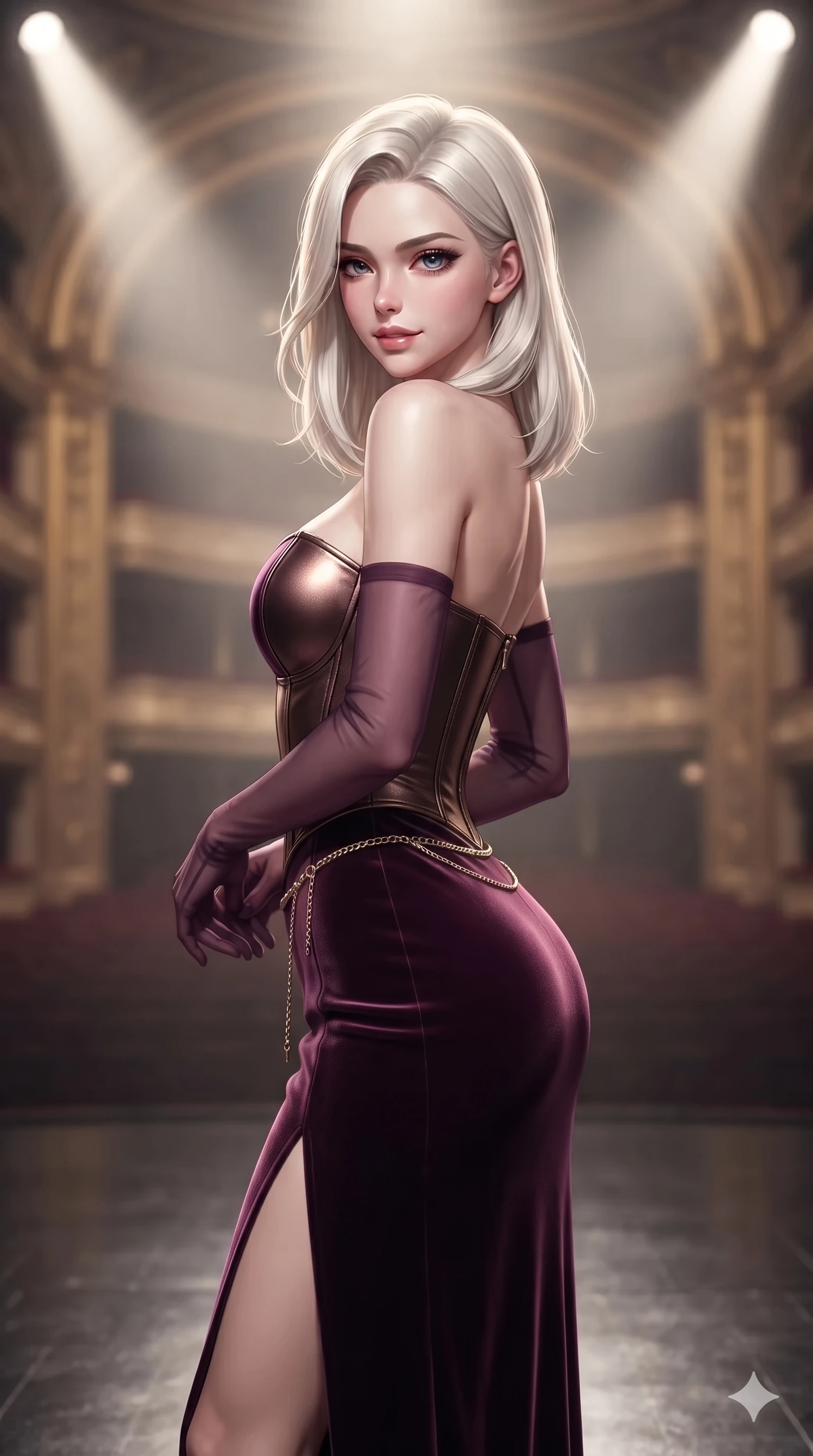 score_9, masterpiece, best quality, ultra-detailed, high-budget anime keyframe, semi-realistic 3D game render, editorial fashion photography, tasteful artistic composition, Caucasian woman. close-up cowboy shot from the waist and thighs up, the character dominates the composition, filling the frame with her large presence. turning over a bare shoulder with an intoxicating, teasing smile, her soft hair framing her sharp jawline as her hips angle gracefully in a captivating contrapposto while standing poised at the center of the dark lacquered stage beneath monumental gilded proscenium arches, arching her back with sovereign diva charisma as theatrical spotlights converge. The composition keeps background elements in soft focus with creamy bokeh: dramatic theatrical auditorium haze softened in majestic baroque opera stage shallow focus. She has an exceptionally elegant, slender, and willowy female figure with an ultra-slim waist, flat toned midriff, narrow ribcage, and sculpted feminine hips creating an alluring, slim hourglass silhouette without bulk. sharp v-shaped jawline, high-bridge nose, intricate jewel-like eyes with depth, thick eyelashes, glossy parted lips with a natural sheen, intensely captivating and seductive bedroom-eyes expression, flawlessly proportioned anatomical accuracy, strict slender model proportions, natural body alignment, perfectly sculpted long slender limbs, ultra-slim waistline, clean dynamic posture without body distortion. wearing a strapless velvet column gown with deep side slit, metallic leather corset bodice, and sheer opera gloves in deep plum violet and antique bronze, woven from buttery-soft stretch lambskin leather adhering to her body like a second skin, accented with a delicate gold chain belt resting loosely on her curvy hips, the second-skin form-contouring cut accentuating her sculpted flat midriff, narrow delicate ribcage, and gracefully curvy hips with supermodel precision. highly saturated vibrant anime colors, dramatic stage rim lights sculpting her razor-sharp jawline and feminine curves. highly saturated vibrant anime colors, detailed shading with soft gradients, rich glossy textures, high-contrast stereoscopic depth, volumetric dynamic lighting, master piece, 9:16 ratio