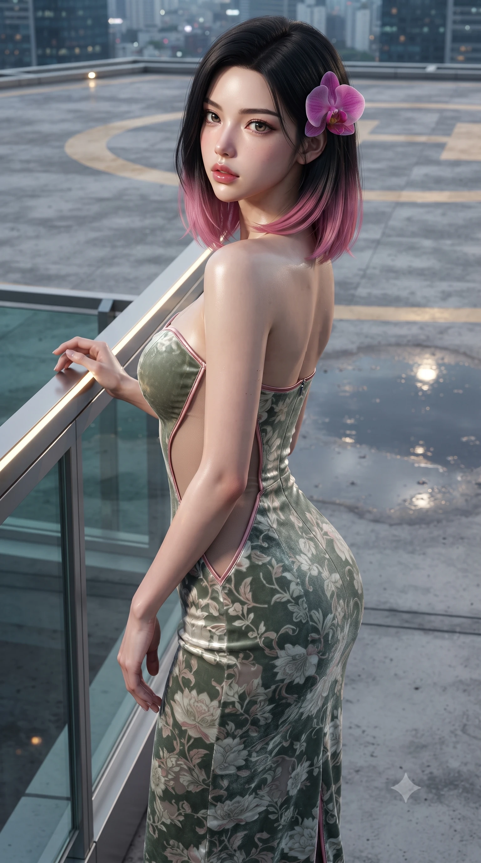 score_9, masterpiece, best quality, ultra-detailed, high-budget anime keyframe, editorial fashion photography, tasteful artistic composition, Korean woman. close-up cowboy shot from the waist and thighs up, the character dominates the composition, filling the frame with her large presence. posing in an alluring rear three-quarter angle, looking over a bare shoulder with parted glossy lips, her hips cocked back to highlight her slim hourglass curve while leaning against the perimeter wind barrier with hips cocked back, looking back into the camera with an intoxicating bedroom-gaze. The surrounding environment is rendered in vivid detail and crisp panoramic clarity: sharp concrete helipad painted gold markings, glistening rainwater puddle reflections, and lightning bolt branches in deep focus. She has an exceptionally elegant, slender, and willowy female figure with an ultra-slim waist, flat toned midriff, narrow ribcage, and sculpted feminine hips creating an alluring, slim hourglass silhouette without bulk. sharp v-shaped jawline, high-bridge nose, sparkling eyes with hypnotic seductive depth, thick curled eyelashes, glossy parted lips with a natural dewy peach sheen, alluring bedroom-eyes with an enchanting coquettish smile, exuding magnetic siren charisma and sophisticated glamour, flawlessly proportioned anatomical accuracy, strict slender model proportions, natural body alignment, perfectly sculpted long slender limbs, ultra-slim waistline, clean dynamic posture without body distortion. wearing a deep sweetheart-neckline velvet bodycon dress with sheer side-torso cutouts accentuating her hourglass curves in botanical sage green and pure pearlescent ivory with rose trims, made of semi-opaque stretch illusion mesh with soft shadowy contours, accented with a fresh-bloomed exotic magenta orchid tucked gracefully into her dark glossy hair, the second-skin tailored fabric adhering flawlessly to her sculpted flat midriff and slender torso, emphasizing her long leg lines and perfectly proportioned willowy build. illuminated by puddle specular bounce and sharp platinum-gold rim lights defining her delicate clavicles, narrow waist, and curvy hips. ultra-reflective glossy finish, specular highlights, rich textural contrasts, high-contrast stereoscopic depth, volumetric dynamic lighting, 2k, ultra detail, master piece, 9:16 ratio
