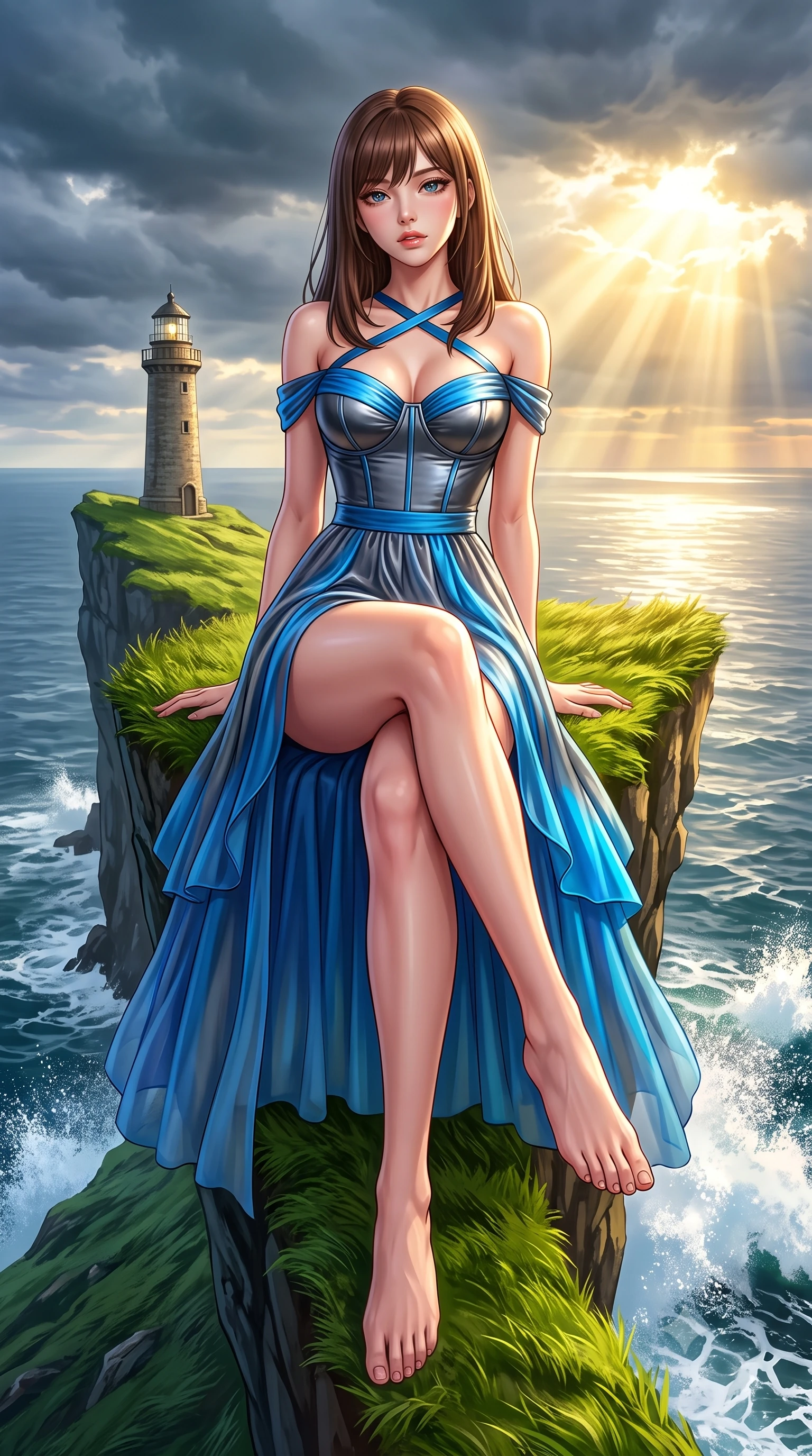 score_9, masterpiece, best quality, ultra-detailed, high-budget anime keyframe, semi-realistic 3D game render, editorial fashion photography, tasteful artistic composition, Korean woman. low angle full-body shot from head to toe showing her feet, filling the entire 9:16 vertical frame with her statuesque presence, stretching her vertical silhouette. sitting perched on the elevated edge with hips angled toward the camera and legs crossed, displaying her toned midriff and flawlessly sculpted slender limbs while standing on the narrow emerald ridge high above the North Atlantic, arching her back as dramatic Nordic storm clouds break into golden sunbeams. The surrounding environment is rendered in vivid detail and crisp panoramic clarity. sharp wind-swept turf textures, weathered lighthouse stone seams, and crashing sea foam spray in deep focus. She has an exceptionally tall and slender model-like 8.5-heads proportion, an ultra-slim waist, a flat toned midriff, narrow delicate ribcage, and beautifully sculpted feminine hips creating a graceful, slim hourglass silhouette without any bulky heaviness, with impossibly long slender legs. sharp v-shaped jawline, high-bridge nose, intricate jewel-like eyes with depth, thick eyelashes, glossy parted lips with a natural sheen, intensely captivating and seductive bedroom-eyes expression, flawlessly proportioned anatomical accuracy, strict slender model proportions, natural body alignment, perfectly sculpted long slender limbs, ultra-slim waistline, clean dynamic posture without body distortion. wearing an off-shoulder French court corset bodice dress paired with a tiered translucent chiffon slit skirt in metallic gunmetal and electric azure, tailored from liquid silk jersey adhering flawlessly to her slender build, finished with criss-cross back satin straps highlighting her graceful shoulder blades, the second-skin form-contouring cut accentuating her sculpted flat midriff, narrow delicate ribcage, and gracefully curvy hips with supermodel precision. bathed in dramatic god-ray sunlight piercing through dark Atlantic storm clouds onto the cliff ridge. highly saturated vibrant anime colors, detailed shading with soft gradients, rich glossy textures, high-contrast stereoscopic depth, volumetric dynamic lighting, master piece, 9:16 ratio