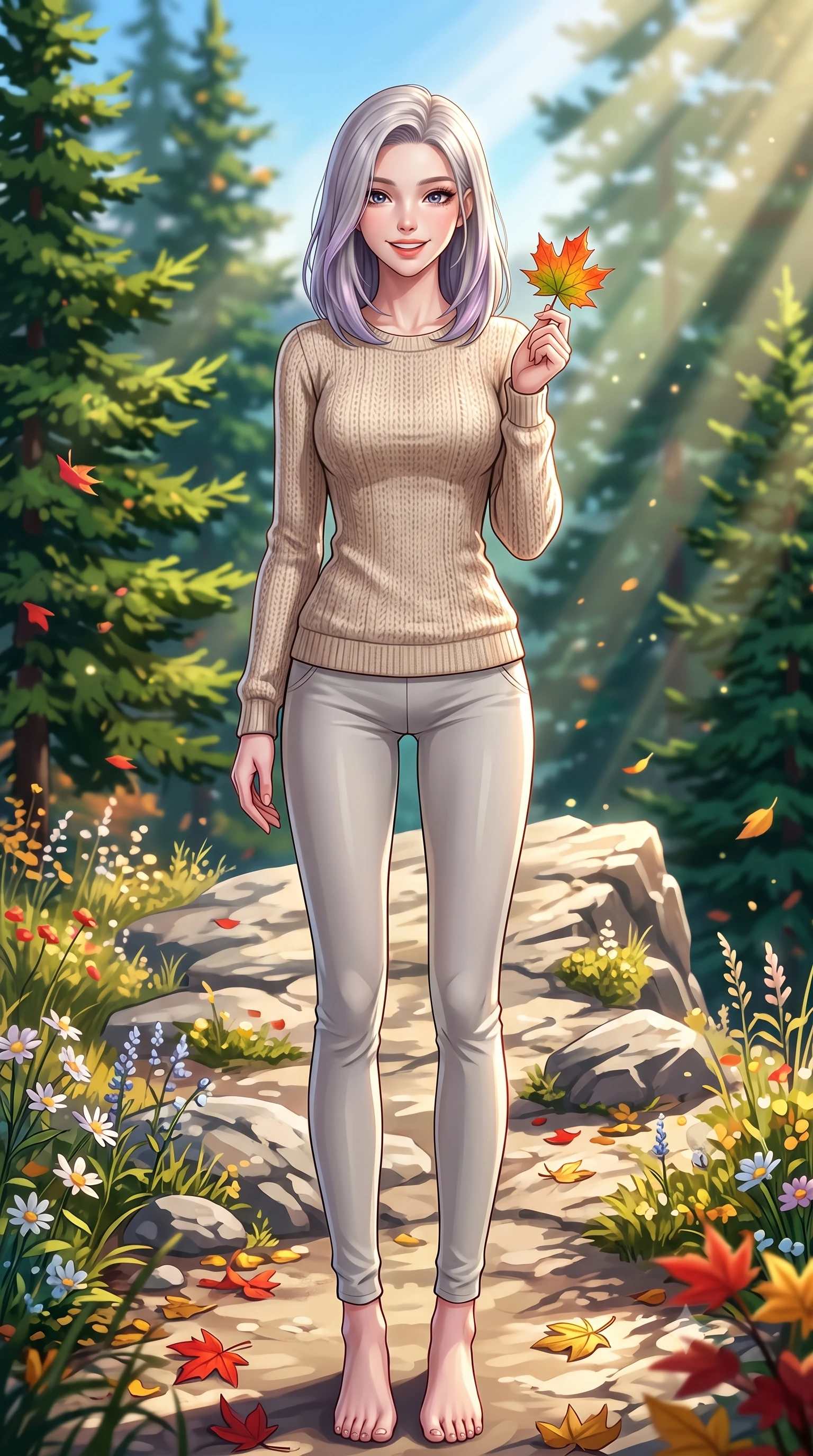 score_9, masterpiece, best quality, ultra-detailed, high-budget anime keyframe, editorial fashion photography, tasteful artistic composition, Caucasian woman. low angle full-body shot from head to toe showing her feet, filling the entire 9:16 vertical frame with her statuesque presence, stretching her vertical silhouette. standing with a cute, bright pose, tilting her head with a beaming smile set against a soft-focus background of on a rocky ridge path with green pine trees and wildflowers holding a colorful maple leaf with a delighted, cheerful smile. She has an absolutely perfect, statuesque 8.5-heads proportion, an exceptionally tall and slender model-like female figure with impossibly long slender legs and an ultra-slim waist. sharp v-shaped jawline, high-bridge nose, intricate jewel-like eyes with depth, thick eyelashes, glossy lips with a natural sheen. wearing body-hugging cozy knit sweater in oatmeal, paired with activewear pants. volumetric sunbeams slicing through the forest trees, creating light rays. highly saturated vibrant anime colors, detailed shading with soft gradients, rich glossy textures, high-contrast stereoscopic depth, volumetric dynamic lighting, master piece, 9:16 ratio