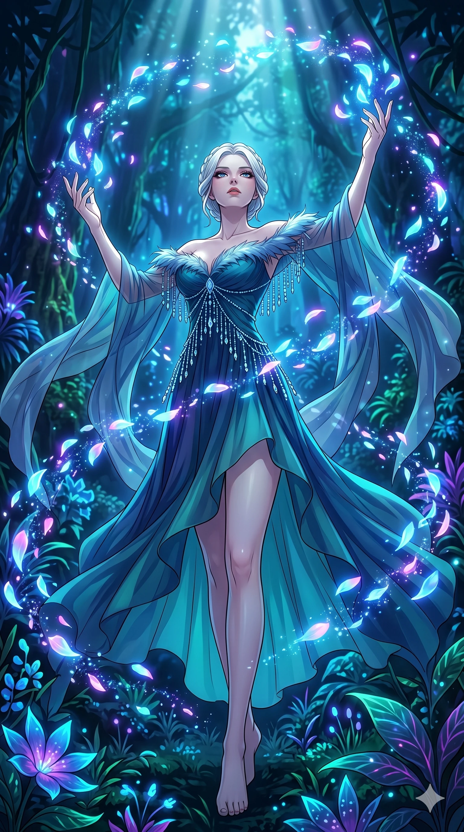 score_9, masterpiece, best quality, ultra-detailed, High-budget Anime Keyframe, vibrant colors, fluid line-art, expressive lighting, cinematic composition, Ufotable-style visual effects, top-tier animation quality, Japanese woman with delicate and elegant anime-inspired features. Low angle cowboy shot filling the entire 9:16 frame with her statuesque presence, looking up to emphasize her height. Summoning a flurry of glowing petals that swirl in a rhythmic dance. She has an absolutely perfect 8-heads proportion, an exceptionally tall and slender female figure with impossibly long slender legs and an ultra-slim waist, her statuesque height and towering silhouette dominating the vertical 9:16 frame. Her face is a masterpiece featuring a sharp v-shaped jawline, high-bridge nose, intricate jewel-like eyes with depth, thick eyelashes, and glossy lips with a natural sheen. She is wearing a Flowing silk chiffon dress with an asymmetrical hem, feather-trimmed off-the-shoulder top, crystalline beaded fringe, and translucent flowing sleeves.. The scene is set in a bioluminescent jungle where every leaf and flower glows with a unique frequency. 2k, ultra detail, master piece, 9:16 ratio