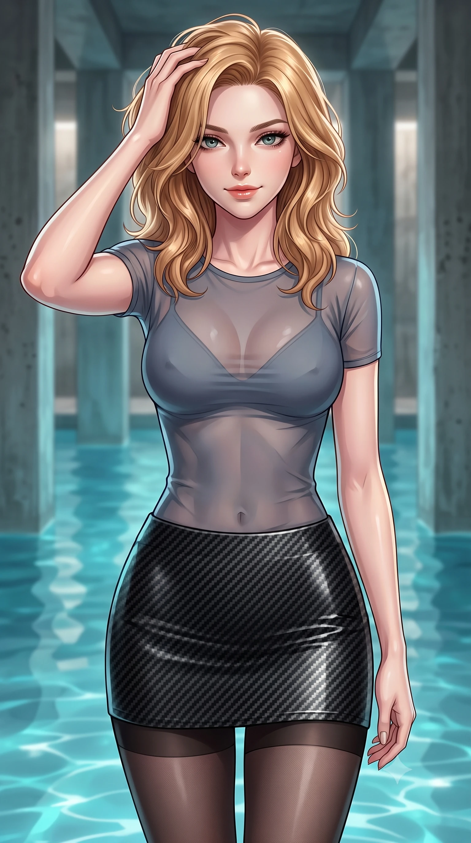 score_9, masterpiece, best quality, ultra-detailed, high-budget anime keyframe, editorial fashion photography, tasteful artistic composition, Caucasian woman. close-up cowboy shot from the waist and thighs up, the character dominates the composition, filling the frame with her large presence, background elements kept in soft focus. slowly running a hand through her hair, smiling with quiet, magnetic self-assurance directly into the camera, the background shows a soft-focus a capsule hotel water storage pool with concrete pillars and mineral water. She has an exceptionally elegant, slender, and willowy female figure with an ultra-slim waist, a gracefully sculpted slender torso, and a refined silhouette. sharp v-shaped jawline, high-bridge nose, intricate jewel-like eyes with depth, thick eyelashes, glossy lips with a natural sheen. wearing a form-contouring semi-transparent mesh top in slate grey, paired with a carbon-fiber mini skirt and sheer stockings. shifting aqua light reflections mapping her features from the pool water. highly saturated vibrant anime colors, detailed shading with soft gradients, rich glossy textures, high-contrast stereoscopic depth, volumetric dynamic lighting, master piece, 9:16 ratio