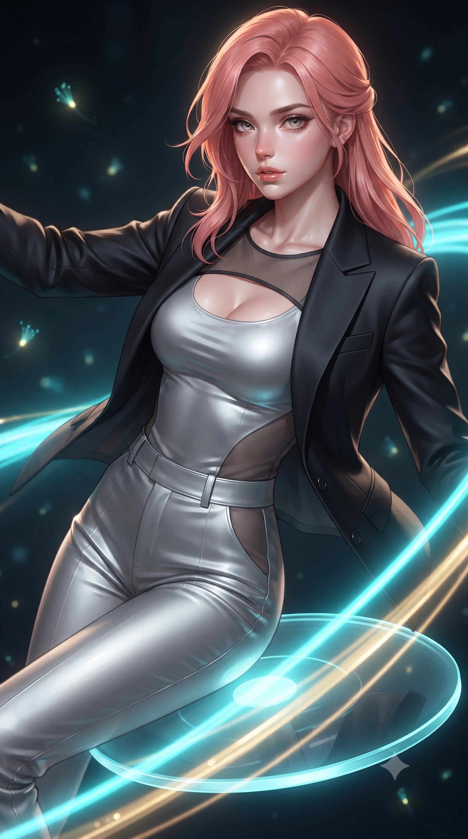 score_9, masterpiece, best quality, ultra-detailed, high-budget anime keyframe, editorial fashion photography, tasteful artistic composition, Japanese woman. close-up cowboy shot from the waist and thighs up, the character dominates the composition, filling the frame with her large presence, background elements kept in soft focus. Gazing past the lens with composed intensity as her torso curves dynamically in mid-motion while balancing on a glowing glass disk while luminescent ribbons swirl in zero-gravity, glowing fiber optic motes drifting like fireflies in the dark background. She has an exceptionally elegant, slender, and willowy female figure with an ultra-slim waist, a gracefully sculpted slender torso, and a refined silhouette. sharp v-shaped jawline, high-bridge nose, intricate jewel-like eyes with depth, thick eyelashes, glossy lips with a natural sheen, flawlessly proportioned anatomical accuracy, natural body alignment, perfectly sculpted elegant limbs, clean dynamic posture without body distortion. wearing a tailored silk blazer over a form-contouring scoop-neck top and slacks in matte black and polished silver, woven from fine semi-opaque sheer organza, accented with a Tasteful chest slit framing her clavicle gracefully, the sleek second-skin texture accentuating her magnetic presence. illuminated by the brilliant glow of cyan and gold luminescent plasma ribbons. ultra-reflective glossy finish, specular highlights, metallic sheen, high-contrast stereoscopic depth, volumetric dynamic lighting, 2k, ultra detail, master piece, 9:16 ratio