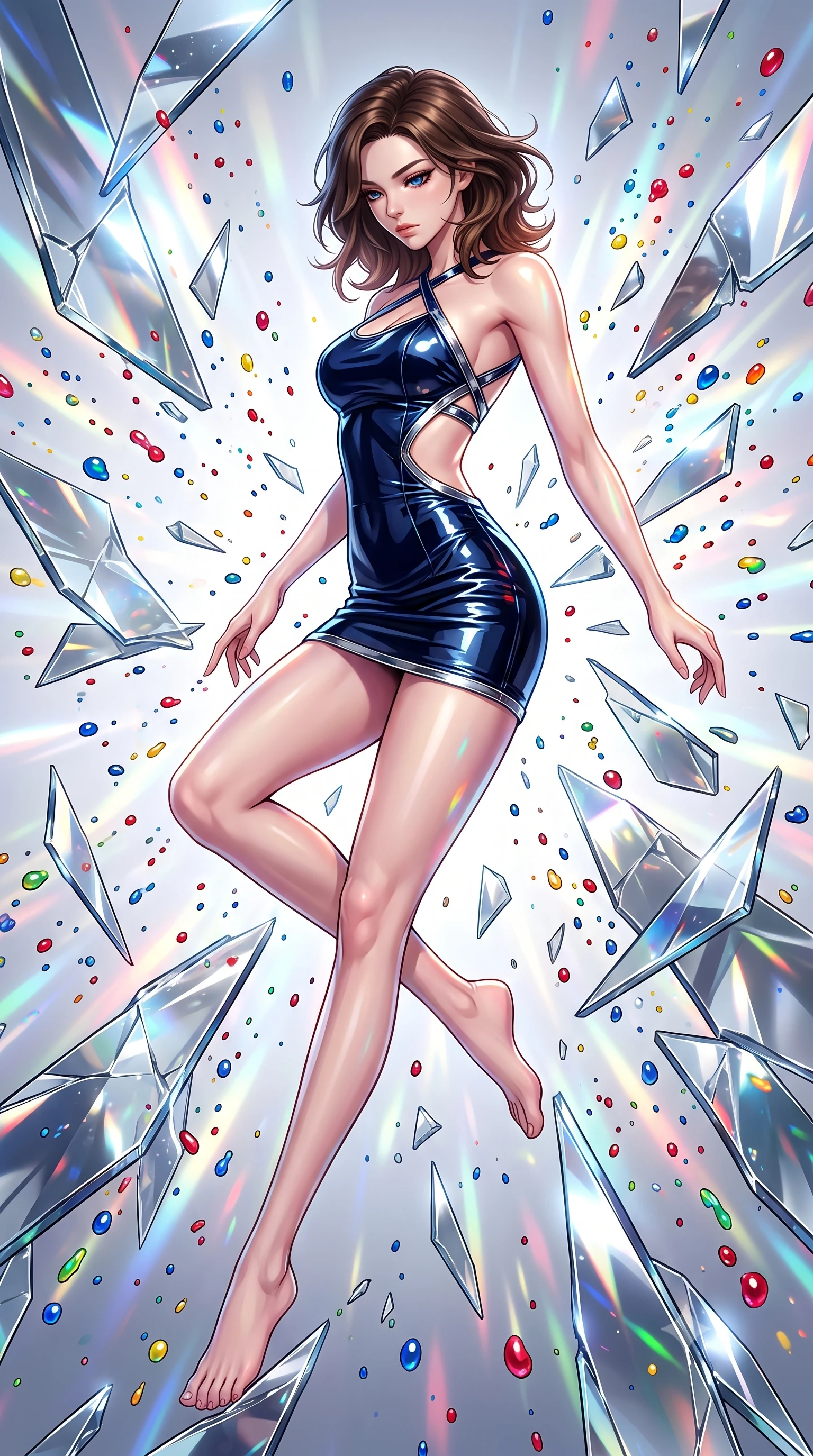 score_9, masterpiece, best quality, ultra-detailed, high-budget anime keyframe, editorial fashion photography, tasteful artistic composition, Korean woman. low angle full-body shot from head to toe showing her feet, filling the entire 9:16 vertical frame with her statuesque presence, stretching her vertical silhouette. leaping gracefully through mid-air with statuesque elegance, her impossibly long slender legs stretched in perfect balance while poised in a dynamic low-angle stance as shattered mirror shards freeze around her, vibrant paint droplets frozen in time casting specular highlights. She has an absolutely perfect, statuesque 8.5-heads proportion, an exceptionally tall and slender model-like female figure with impossibly long slender legs and an ultra-slim waist. sharp v-shaped jawline, high-bridge nose, intricate jewel-like eyes with depth, thick eyelashes, glossy lips with a natural sheen, flawlessly proportioned anatomical accuracy, natural body alignment, perfectly sculpted elegant limbs, clean dynamic posture without body distortion. wearing a dramatic open-waist cutout mini dress framed by sculptural hardware in midnight navy blue and chrome trim, tailored from high-gloss patent leather, complemented by criss-cross back straps highlighting her bare shoulders, the tailored fabric tightly following every curve of her athletic build. surrounded by a radiant, high-energy reflection aura. highly saturated vibrant anime colors, detailed shading with soft gradients, rich glossy textures, high-contrast stereoscopic depth, volumetric dynamic lighting, master piece, 9:16 ratio
