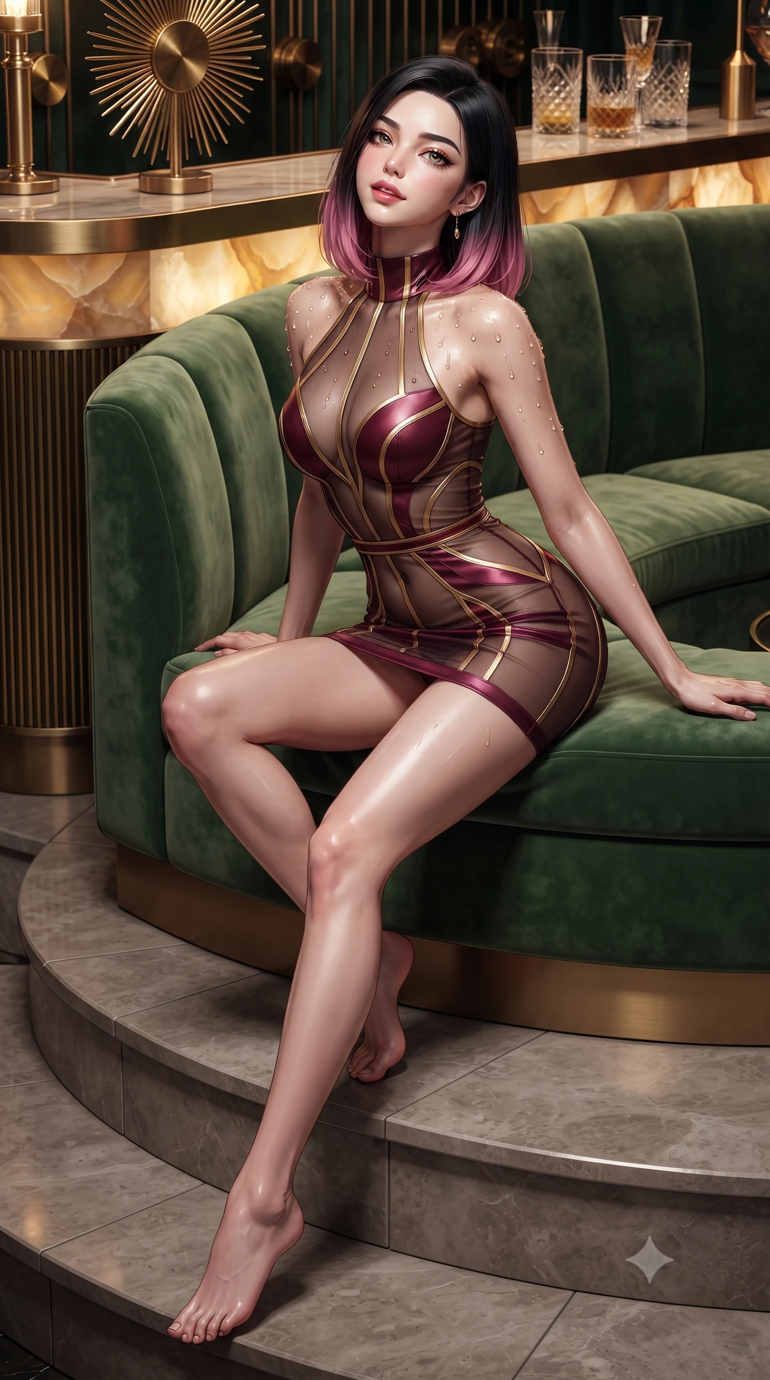 score_9, masterpiece, best quality, ultra-detailed, high-budget anime keyframe, editorial fashion photography, tasteful artistic composition, Korean woman. low angle full-body shot from head to toe showing her feet, filling the entire 9:16 vertical frame with her statuesque presence, stretching her vertical silhouette. sitting poised on the stone steps with one knee bent, arching her spine with supermodel elegance as she glances upward through thick eyelashes while leaning back against the curved green velvet banquette with hips cocked back, looking into the camera with an intoxicating, smoldering bedroom-smile. The surrounding environment is rendered in vivid detail and crisp panoramic clarity: sharp brushed brass sunburst grilles, backlit honey onyx counter texture, and cut-crystal glass facets in deep focus. She has an absolutely perfect, statuesque 8.5-heads proportion, an exceptionally tall and slender model-like female figure with impossibly long slender legs, an ultra-slim waist, a flat toned midriff, narrow delicate ribcage, and beautifully sculpted feminine hips creating a graceful, slim hourglass silhouette without any bulky heaviness. sharp v-shaped jawline, high-bridge nose, sparkling eyes with hypnotic seductive depth, thick curled eyelashes, glossy parted lips with a natural dewy peach sheen, alluring bedroom-eyes with an enchanting coquettish smile, exuding magnetic siren charisma and sophisticated glamour, flawlessly proportioned anatomical accuracy, strict slender model proportions, natural body alignment, perfectly sculpted long slender limbs, ultra-slim waistline, clean dynamic posture without body distortion. wearing a provocative high-neck sheer illusion cocktail dress with liquid satin ribbons contouring her curves in Vienna imperial bordeaux and Habsburg gold, tailored from fine structural neoprene with crisp architectural edges and smooth contouring, finished with glistening drops of lagoon or spa water beading across her sculpted shoulders and collarbones, the second-skin tailored fabric adhering flawlessly to her sculpted flat midriff and slender torso, emphasizing her long leg lines and perfectly proportioned willowy build. illuminated by polished bar surface bounce and sharp molten-gold rim lights sculpting her jawline, flat midriff, and voluptuous hip curves. ultra-reflective glossy finish, specular highlights, rich textural contrasts, high-contrast stereoscopic depth, volumetric dynamic lighting, 2k, ultra detail, master piece, 9:16 ratio