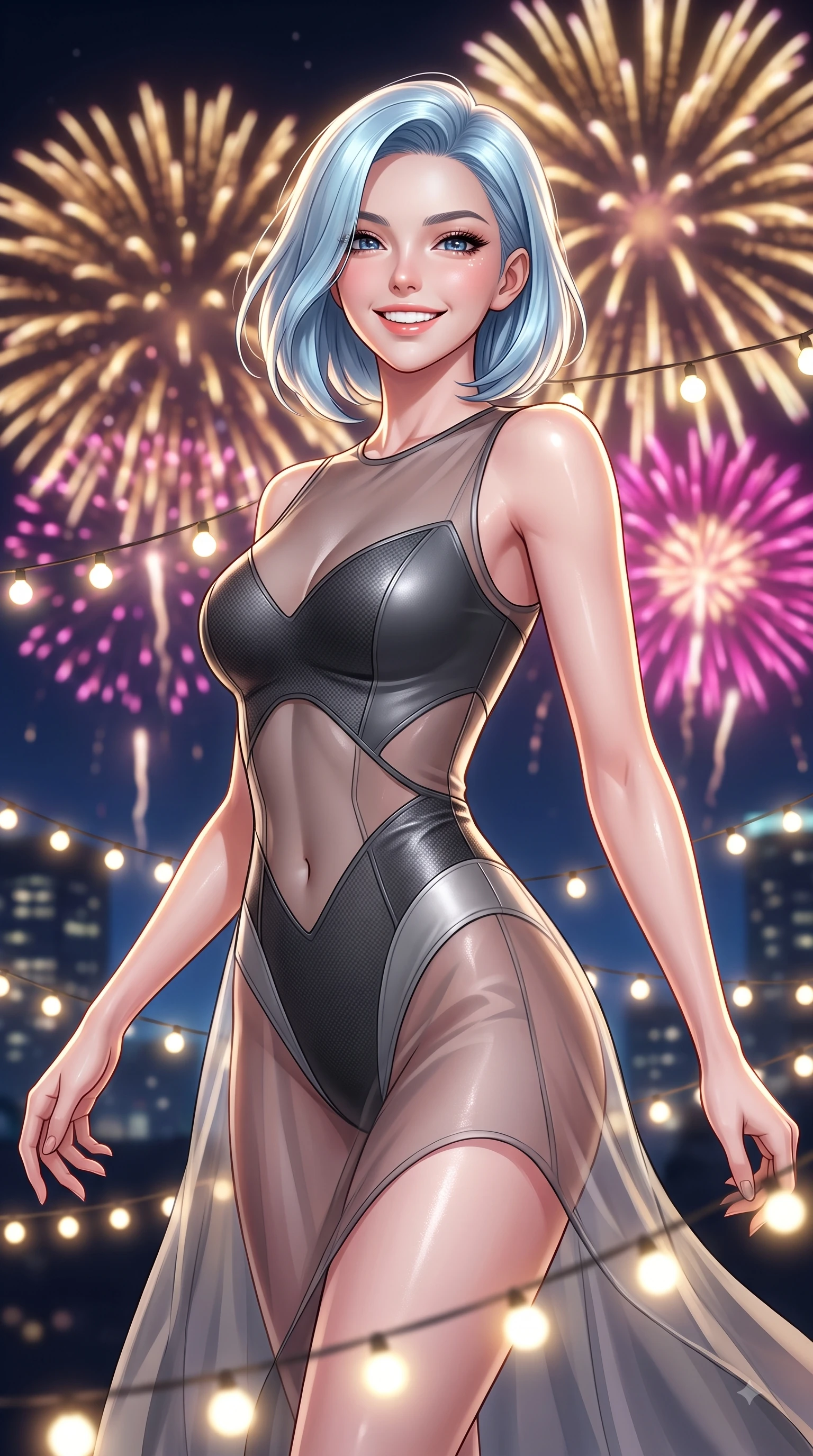 score_9, masterpiece, best quality, ultra-detailed, high-budget anime keyframe, editorial fashion photography, tasteful artistic composition, Korean woman. close-up cowboy shot from the waist and thighs up, the character dominates the composition, filling the frame with her large presence, background elements kept in soft focus. Radiant bright smile with sparkling eyes directed right into the lens, her torso turning in a dynamic S-curve alignment while pivoting dynamically amidst string fairy lights with a laughing, delighted expression, spectacular golden and magenta fireworks bursting in the background night skyline. She has an exceptionally elegant, slender, and willowy female figure with an ultra-slim waist, a gracefully sculpted slender torso, and a refined silhouette. sharp v-shaped jawline, high-bridge nose, intricate jewel-like eyes with depth, thick eyelashes, glossy lips with a natural sheen, flawlessly proportioned anatomical accuracy, natural body alignment, perfectly sculpted elegant limbs, clean dynamic posture without body distortion. wearing a semi-opaque sheer overlay dress over a leather micro-bodysuit in charcoal grey and platinum, made of fine carbon-fiber weave and soft matte leather, featuring subtle geometric cutouts that highlight her ultra-slim midriff, the glove-like fit emphasizing her statuesque silhouette during motion. surrounded by an electric, joyful party atmosphere with high specular shine. ultra-reflective glossy finish, specular highlights, metallic sheen, high-contrast stereoscopic depth, volumetric dynamic lighting, 2k, ultra detail, master piece, 9:16 ratio
