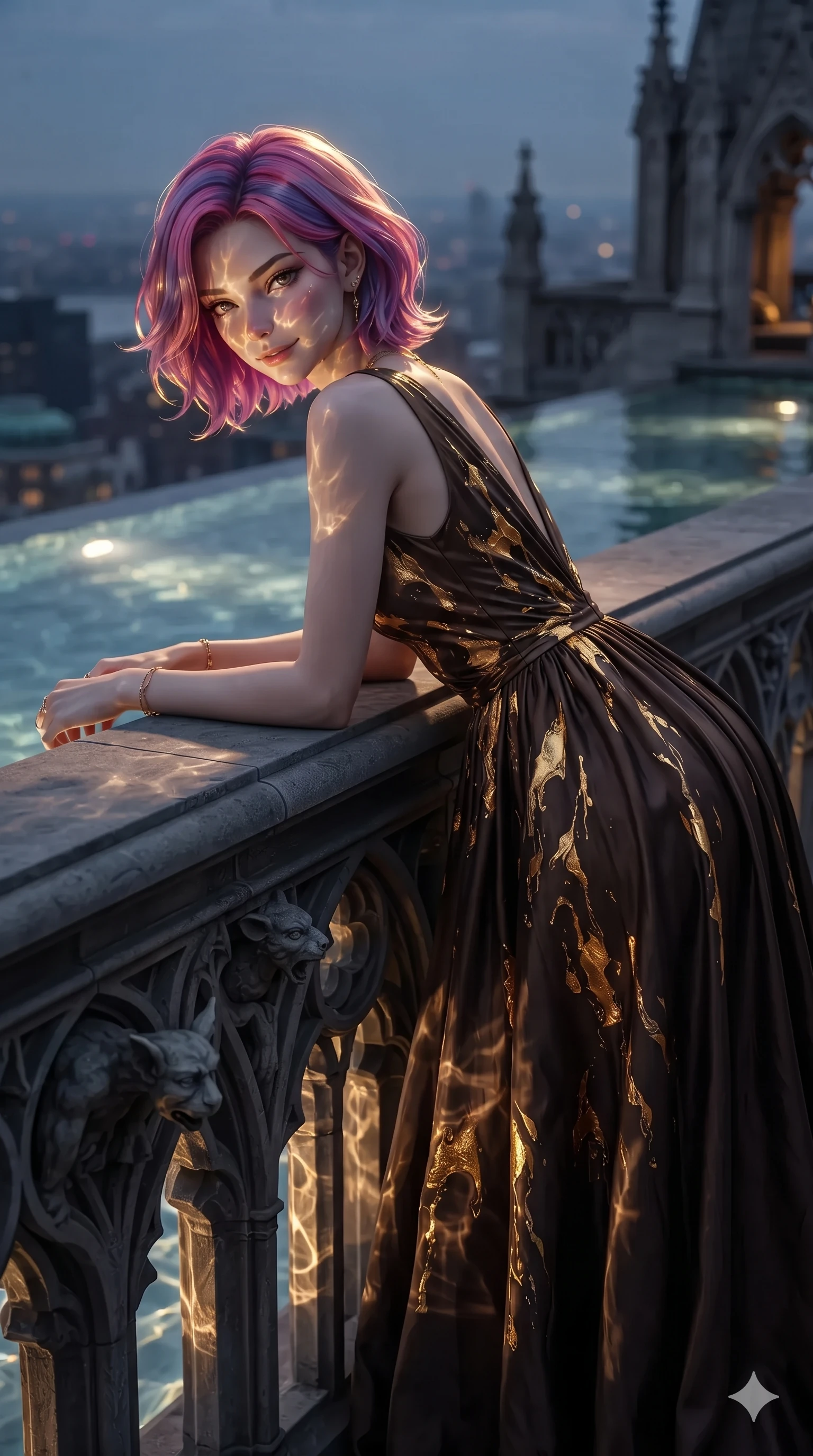 score_9, masterpiece, best quality, ultra-detailed, high-budget anime keyframe, editorial fashion photography, tasteful artistic composition, Caucasian woman. close-up cowboy shot from the waist and thighs up, the character dominates the composition, filling the frame with her large presence. leaning forward over the carved stone gothic balustrade, looking back with sleepy seductive bedroom-eyes as water reflections dance across her silhouette while reclining on the submerged marble daybed with one knee bent, looking back over her shoulder with an intoxicating smoldering bedroom-gaze. The surrounding environment is rendered in vivid detail and crisp panoramic clarity: detailed wet-look silk wrap tailoring, fine mesh accents, and architectural rooftop infinity pool design in razor-sharp clarity. She has an exceptionally elegant, slender, and willowy female figure with an ultra-slim waist, flat toned midriff, narrow ribcage, and sculpted feminine hips creating an alluring, slim hourglass silhouette without bulk. sharp v-shaped jawline, high-bridge nose, intricate jewel-like sparkling eyes with depth, thick eyelashes, glossy parted lips with a natural sheen, intensely captivating and seductive bedroom-eyes expression, exuding both youthful cute charm and sovereign luxury allure, flawlessly proportioned anatomical accuracy, strict slender model proportions, natural body alignment, perfectly sculpted long slender limbs, ultra-slim waistline, clean dynamic posture without body distortion. wearing a liquid-silk jersey evening gown with an ultra-deep plunging open back descending to the base of her spine and a sculpted hip-hugging skirt in dark espresso brown and molten gold foil, woven from buttery-soft stretch lambskin leather adhering to her body like a second skin, accented with a delicate gold chain belt resting loosely on her curvy hips, the glove-like clinging cut tightly following the natural contour of her hips and long slender legs with youthful 8.5-heads elegance. illuminated by water surface ripple reflections and sharp turquoise-amber rim lights carving her sculpted collarbones, ultra-slim waist, and curvy hips. ultra-reflective glossy finish, specular highlights, rich textural contrasts, high-contrast stereoscopic depth, volumetric dynamic lighting, 2k, ultra detail, master piece, 9:16 ratio