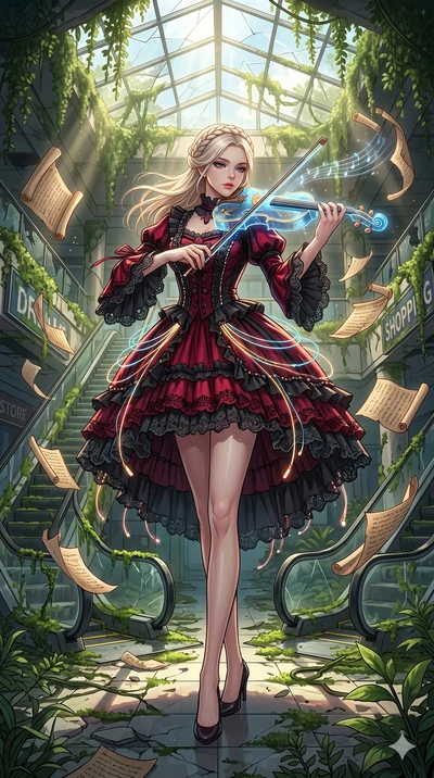 score_9, masterpiece, best quality, ultra-detailed, Set A: High-budget Anime Keyframe, Korean woman. Low angle cowboy shot filling the entire 9:16 frame with her statuesque presence. Theme: Historical Remix. playing a holographic violin in a ruined o