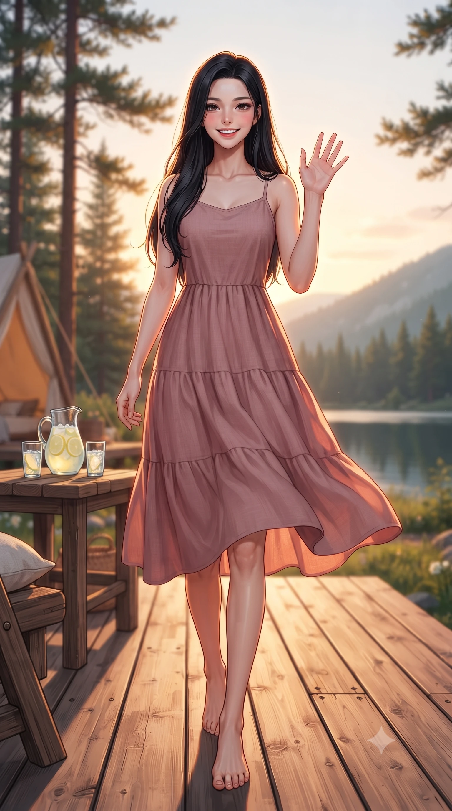 score_9, masterpiece, best quality, ultra-detailed, high-budget anime keyframe, editorial fashion photography, tasteful artistic composition, Korean woman. low angle full-body shot from head to toe showing her feet, filling the entire 9:16 vertical frame with her statuesque presence, stretching her vertical silhouette. stepping forward with a bright, cheerful smile, waving happily at the viewer set against a soft-focus background of on a cozy glamping deck surrounded by tall pine trees and a quiet mountain lake with a pitcher of cold lemonade and glasses on a rustic wooden table. She has an absolutely perfect, statuesque 8.5-heads proportion, an exceptionally tall and slender model-like female figure with impossibly long slender legs and an ultra-slim waist. sharp v-shaped jawline, high-bridge nose, intricate jewel-like eyes with depth, thick eyelashes, glossy lips with a natural sheen. wearing slim-fit flowy linen sundress in dusty rose, draped softly and comfortably. bright golden hour sunset tracing her silhouette with a warm glowing rim light. highly saturated vibrant anime colors, detailed shading with soft gradients, rich glossy textures, high-contrast stereoscopic depth, volumetric dynamic lighting, master piece, 9:16 ratio