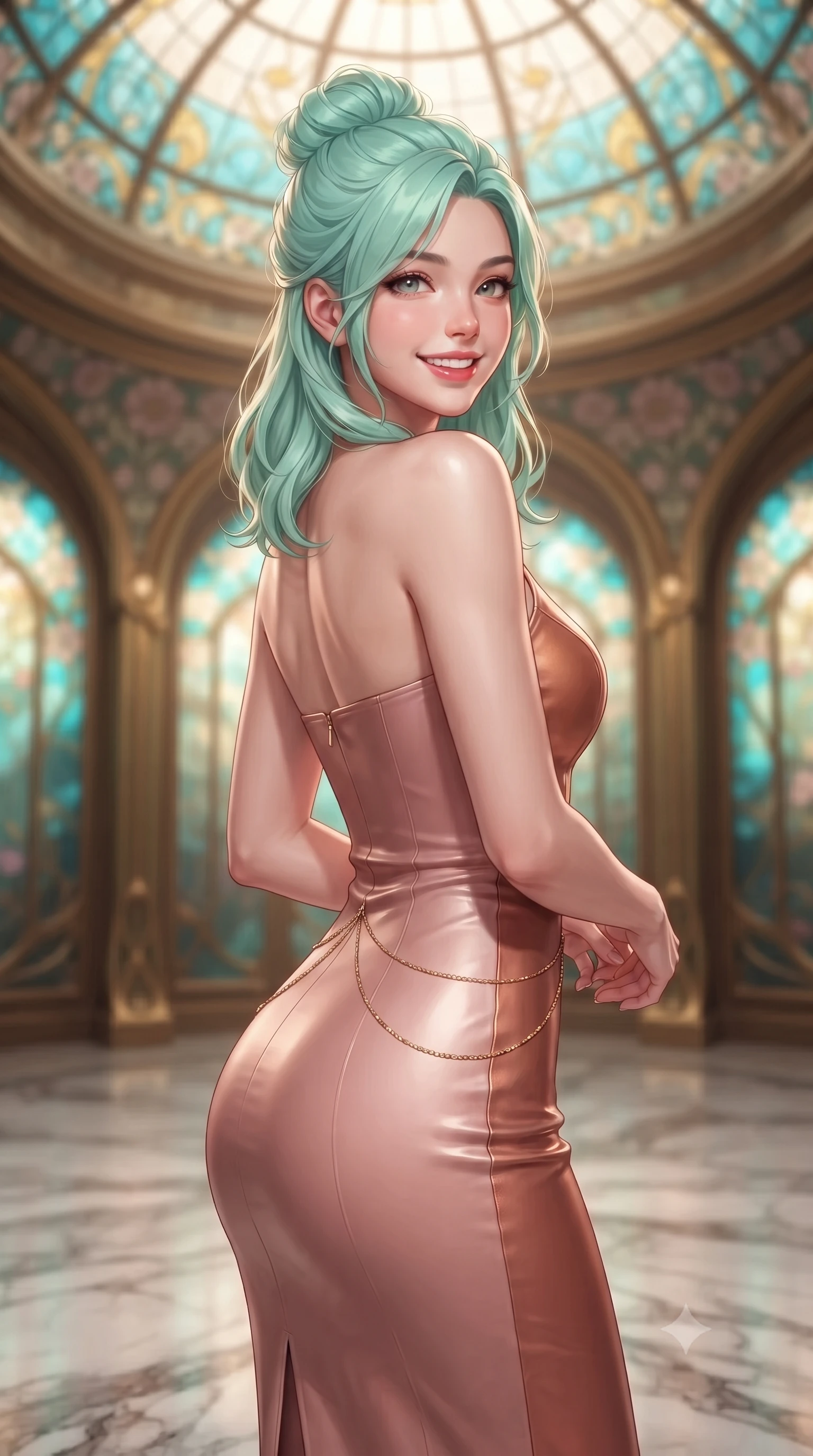 score_9, masterpiece, best quality, ultra-detailed, high-budget anime keyframe, editorial fashion photography, tasteful artistic composition, Japanese woman. close-up cowboy shot from the waist and thighs up, the character dominates the composition, filling the frame with her large presence. posing in an alluring rear three-quarter angle, looking over a bare shoulder with parted glossy lips, her hips cocked back to highlight her slim hourglass curve while standing poised on the polished marble floor beneath the sweeping Art Nouveau stained-glass dome, arching her back with siren elegance as Alphonse Mucha-style gilded mosaics shimmer. The background shows a soft-focus sinuous gilded Art Nouveau whiplash curves, floral mosaic murals, and glowing stained-glass dome panels blurred into turquoise, gold, and jade bokeh. She has an exceptionally elegant, slender, and willowy female figure with an ultra-slim waist, flat toned midriff, narrow ribcage, and sculpted feminine hips creating an alluring, slim hourglass silhouette without bulk. sharp v-shaped jawline, high-bridge nose, intricate jewel-like sparkling eyes with depth, thick eyelashes, glossy parted lips with a natural peach sheen, bright cheerful beaming smile with an enchanting and coquettish sensual glint, exuding both youthful cute charm and seductive allure, flawlessly proportioned anatomical accuracy, strict slender model proportions, natural body alignment, perfectly sculpted long slender limbs, ultra-slim waistline, clean dynamic posture without body distortion. wearing a glove-like stretch lambskin leather sheath dress accentuating her ultra-slim waistline in rose-quartz blush and burnished copper, made of fluid liquid jersey with seamless sculpting hold and smooth contours, accented with a dainty gold belly chain resting across her flat midriff and curving hips, the bespoke structured tailoring following the natural line of her 8.5-heads silhouette with refined elegance. illuminated by marble floor reflection bounce and sharp rose-gold rim lights sculpting her jawline, narrow waist, and curvy hips. ultra-reflective glossy finish, specular highlights, rich textural contrasts, high-contrast stereoscopic depth, volumetric dynamic lighting, 2k, ultra detail, master piece, 9:16 ratio