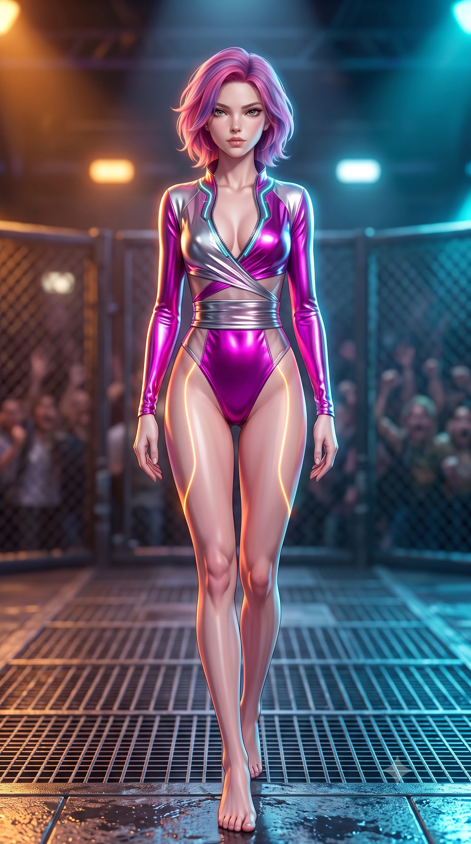 score_9, masterpiece, best quality, ultra-detailed, high-budget anime keyframe, semi-realistic 3D game render, editorial fashion photography, tasteful artistic composition, Caucasian woman. low angle full-body shot from head to toe showing her feet, filling the entire 9:16 vertical frame with her statuesque presence, stretching her vertical silhouette. striding forward in a proud, statuesque motion with a dangerous smolder, her vertical silhouette dominating the frame from head to toe while pivoting dynamically on wet metal grating as pulsating neon arena floodlights trace her sculpted waist. The composition keeps background elements in soft focus with creamy bokeh. distant cage meshes and roaring underground crowds softened by shallow atmospheric focus. She has an absolutely perfect, statuesque 8.5-heads proportion, an exceptionally tall and slender model-like female figure with impossibly long slender legs and an ultra-slim waist. sharp v-shaped jawline, high-bridge nose, intricate jewel-like eyes with depth, thick eyelashes, glossy lips with a natural sheen, flawlessly proportioned anatomical accuracy, natural body alignment, perfectly sculpted elegant limbs, clean dynamic posture without body distortion. wearing a shortened cyber-fusion wrap top with transparent chiffon panels, a deep crossover neckline, and a high-waisted metallic sash that accentuates her ultra-slim waist in chromatic platinum and blazing neon magenta, made of liquid metal jersey that clings flawlessly to every contour of her build, featuring a dangerously unzipped neckline framed by glowing cybernetic accents, the form-contouring second-skin material highlighting her ultra-slim waist and long lines. bathed in blazing amber sodium vapor lights and sharp electric cyan arena rim spotlights. highly saturated vibrant anime colors, detailed shading with soft gradients, rich glossy textures, high-contrast stereoscopic depth, volumetric dynamic lighting, master piece, 9:16 ratio