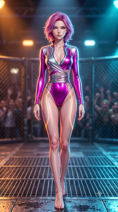 score_9, masterpiece, best quality, ultra-detailed, high-budget anime keyframe, semi-realistic 3D game render, editorial fashion photography, tasteful artistic composition, Caucasian woman. low angle full-body shot from head to toe showing her feet, 