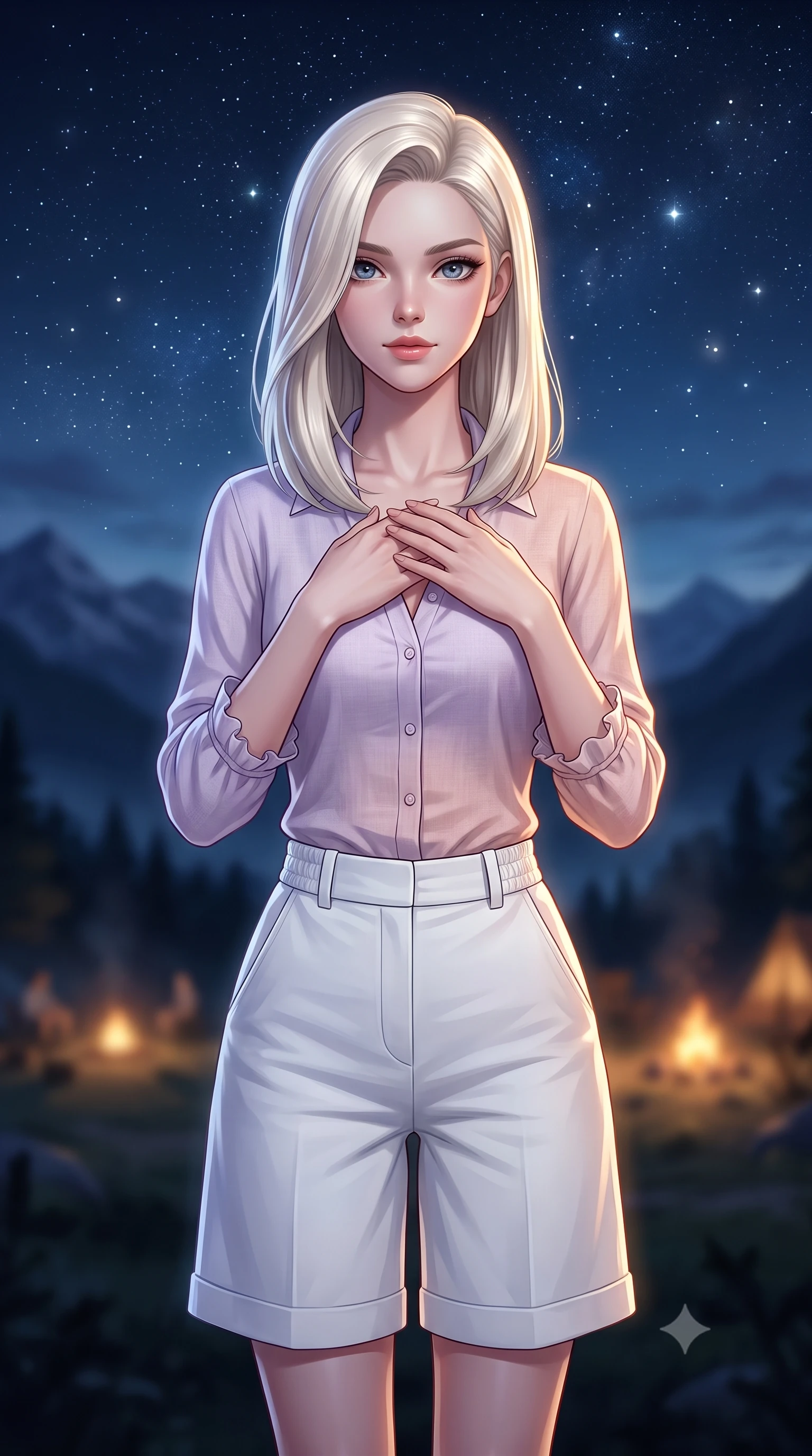 score_9, masterpiece, best quality, ultra-detailed, high-budget anime keyframe, semi-realistic 3D game render, editorial fashion photography, tasteful artistic composition, Caucasian woman. close-up cowboy shot from the waist and thighs up, the character dominates the composition, filling the frame with her large presence. holding her hands loosely near her heart with an enchanting, affectionate gaze looking directly into the lens while standing poised against a majestic starlit night sky with arms gently outstretched in peaceful wonder. The composition keeps background elements in soft focus with creamy bokeh. dark mountain silhouettes and distant campsite campfires softened in smooth nocturnal depth of field. She has an exceptionally elegant, slender, and willowy female figure with an ultra-slim waist, a gracefully sculpted slender torso, toned flat midriff, and a refined slim silhouette. sharp v-shaped jawline, high-bridge nose, intricate jewel-like eyes with depth, thick eyelashes, glossy lips with a natural sheen, pure and lovely fresh girlhood expression, flawlessly proportioned anatomical accuracy, strict slender model proportions, natural body alignment, perfectly sculpted long slender limbs, ultra-slim waistline, clean dynamic posture without body distortion. wearing a lightweight pastel linen button-down shirt paired with tailored high-rise white Bermuda shorts in subtle lilac violet and soft rose gold, tailored from crisp organic cotton poplin, accented with soft smocked elastic details and ruffled cuff trims, the body-hugging lightweight knit clinging delicately to her slender torso, accentuating her graceful neck and feminine lines. illuminated by soft celestial starlight and lantern rim light defining her slender, elegant silhouette. highly saturated vibrant anime colors, detailed shading with soft gradients, rich glossy textures, high-contrast stereoscopic depth, volumetric dynamic lighting, master piece, 9:16 ratio
