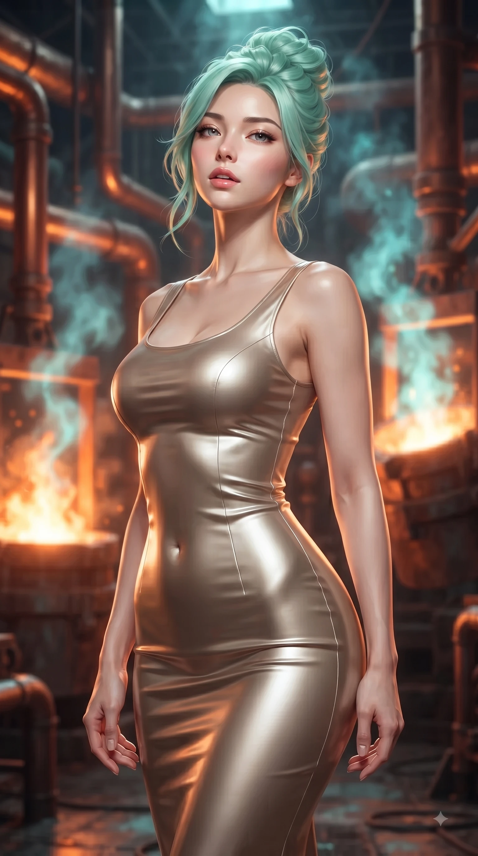 score_9, masterpiece, best quality, ultra-detailed, high-budget anime keyframe, editorial fashion photography, tasteful artistic composition, Japanese woman woman. close-up cowboy shot from the waist and thighs up, the character dominates the composition, filling the frame with her large presence, background elements kept in soft focus. She has an exceptionally elegant, slender, and willowy female figure with an ultra-slim waist, a gracefully sculpted slender torso, and a refined silhouette. tilting her chin up slightly with lips parted in a composed and alluring expression, flawlessly proportioned anatomical accuracy, natural body alignment, perfectly sculpted elegant limbs, clean dynamic posture without body distortion. set against a soft-focus background of a copper pipe industrial foundry with liquid aurora crucibles. wearing a sculpted champagne satin bodycon gown following her slender silhouette like liquid metal. bathed in intense orange furnace light clashing with cool cyan steam highlights. ultra-reflective glossy finish, specular highlights, metallic sheen, high-contrast stereoscopic depth, volumetric dynamic lighting, 2k, ultra detail, master piece, 9:16 ratio