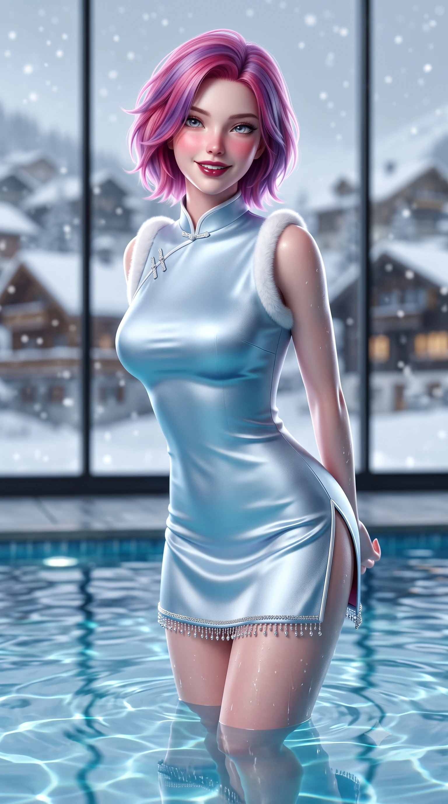 score_9, masterpiece, best quality, ultra-detailed, high-budget anime keyframe, semi-realistic 3D game render, editorial fashion photography, tasteful artistic composition, Caucasian woman. close-up cowboy shot from the waist and thighs up, the character dominates the composition, filling the frame with her large presence. resting both hands lightly behind her back while leaning toward the lens with a cheerful, teasing grin, her form-fitting knit hugging her narrow waist and feminine hip curve while swimming slowly to the edge of the glass-enclosed heated pool where water meets floor-to-ceiling windows, arching her spine with seductive poise. The composition keeps background elements in soft focus with dreamy creamy bokeh. falling snowflakes outside towering architectural glass walls and snow-covered Swiss village chalets blurred into charcoal, silver, and gold bokeh. She has an exceptionally elegant, slender, and willowy female figure with an ultra-slim waist, flat toned midriff, narrow ribcage, and sculpted feminine hips creating an alluring, slim hourglass silhouette without bulk. sharp v-shaped jawline, high-bridge nose, sparkling ice-crystal eyes with depth, frosty thick lashes, glossy parted lips with a rosy berry sheen, bright playful smile with an intoxicating seductive glint, rosy flushed cheeks radiating cozy warmth and dangerous allure, flawlessly proportioned anatomical accuracy, strict slender model proportions, natural body alignment, perfectly sculpted long slender limbs, ultra-slim waistline, clean dynamic posture without body distortion. wearing a modern cute winter qipao mini dress in frost-blue silk with white fur trim and side hip slits in rich winter berry crimson and snow white, made of smooth fluid heavy silk satin with an icy mirror-like sheen, finished with delicate silver beaded trim along the hem that glitters like frost, the liquid-tight tailored fabric clinging flawlessly to her narrow waist and rounded feminine hips, emphasizing every millimeter of her sculpted slim hourglass curves without any bulky heaviness. illuminated by pool caustic reflections and sharp platinum rim lights carving her razor-sharp jawline, narrow waist, and curvy hips. highly saturated vibrant anime colors, detailed shading with soft gradients, rich glossy textures, high-contrast stereoscopic depth, volumetric dynamic lighting, master piece, 9:16 ratio