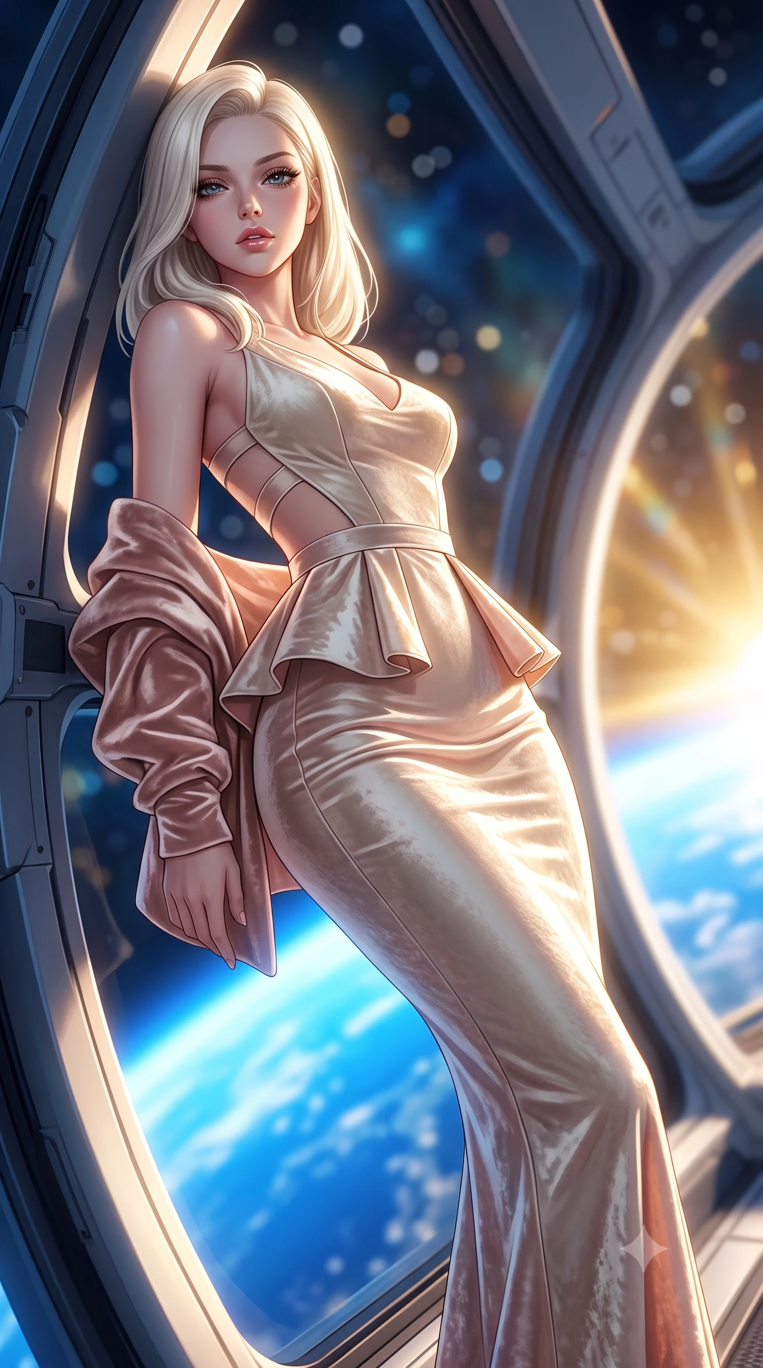 score_9, masterpiece, best quality, ultra-detailed, high-budget anime keyframe, semi-realistic 3D game render, editorial fashion photography, tasteful artistic composition, Caucasian woman. low angle full-body shot from head to toe showing her feet, filling the entire 9:16 vertical frame with her statuesque presence, stretching her vertical silhouette. leaning deep against the structural architecture with hips cocked in an unapologetically bold, seductive high-fashion stance while leaning forward against the massive curved panoramic viewport overlooking the brilliant blue curve of Earth, hips cocked back in an intoxicating zero-gravity posture. The composition keeps background elements in soft focus with creamy bokeh. swirling blue Earth oceans and blinding orbital sunrise ribbons blurred into deep azure, liquid gold, and starlight diamond bokeh. She has an exceptionally tall and slender model-like 8.5-heads proportion, an ultra-slim waist, a flat toned midriff, narrow delicate ribcage, and beautifully sculpted feminine hips creating a graceful, slim hourglass silhouette without any bulky heaviness, with impossibly long slender legs. sharp v-shaped jawline, high-bridge nose, intricate jewel-like eyes with depth, thick eyelashes, glossy parted lips with a natural sheen, intensely captivating and seductive bedroom-eyes expression, flawlessly proportioned anatomical accuracy, strict slender model proportions, natural body alignment, perfectly sculpted long slender limbs, ultra-slim waistline, clean dynamic posture without body distortion. wearing a structural geometric peplum gown with sheer side-ribbon cutouts and form-fitting skirt in vintage champagne ivory and delicate rose gold, crafted from heavyweight crushed silk velvet with liquid vintage luster, complemented by a plush velvet shawl draped loosely over her elbows, the liquid-tight tailored fabric clinging flawlessly to her narrow waist and rounded feminine hips, emphasizing every millimeter of her sculpted slim hourglass curves without any bulky heaviness. bathed in radiant golden orbital sunrise backlighting and ambient cool blue Earth glow from below. highly saturated vibrant anime colors, detailed shading with soft gradients, rich glossy textures, high-contrast stereoscopic depth, volumetric dynamic lighting, master piece, 9:16 ratio