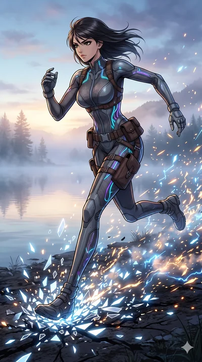 score_9, masterpiece, best quality, ultra-detailed, Set A: High-budget Anime Keyframe, Japanese woman. Low angle cowboy shot filling the entire 9:16 frame with her statuesque presence. Sprinting through a misty lakeside at dawn, as the ground beneath
