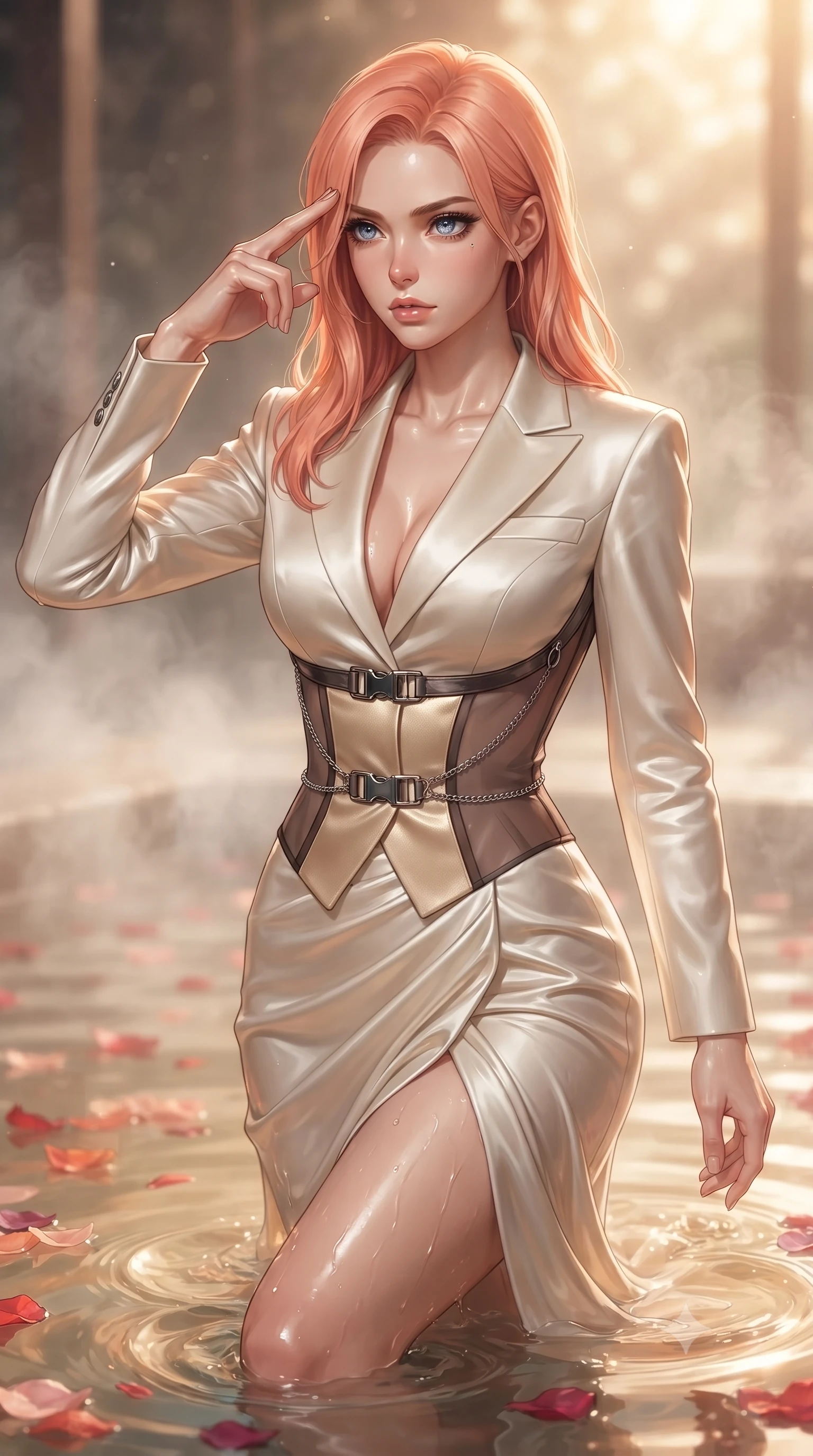 score_9, masterpiece, best quality, ultra-detailed, high-budget anime keyframe, editorial fashion photography, tasteful artistic composition, Japanese woman. close-up cowboy shot from the waist and thighs up, the character dominates the composition, filling the frame with her large presence, background elements kept in soft focus. Pressing two fingers to her temple in a composed, sharp thoughtful gesture, stepping gracefully into a warm pool floating with delicate red and pink petals, fluid movement of her body contoured by a form-fitting liquid silk gown. She has an exceptionally elegant, slender, and willowy female figure with an ultra-slim waist, a gracefully sculpted slender torso, and a refined silhouette. sharp v-shaped jawline, high-bridge nose, intricate jewel-like eyes with depth, thick eyelashes, glossy lips with a natural sheen. wearing tailored ivory tux dress with satin lapels and fitted waist in champagne gold, made of sheer dark organza overlay, framed by dark titanium buckles and silver chain details, accentuating her gracefully sculpted slender torso. lit by clear warm key rays highlighting her refined facial features. ultra-reflective glossy finish, specular highlights, metallic sheen, high-contrast stereoscopic depth, volumetric dynamic lighting, 2k, ultra detail, master piece, 9:16 ratio