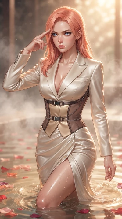 score_9, masterpiece, best quality, ultra-detailed, high-budget anime keyframe, editorial fashion photography, tasteful artistic composition, Japanese woman. close-up cowboy shot from the waist and thighs up, the character dominates the composition, 