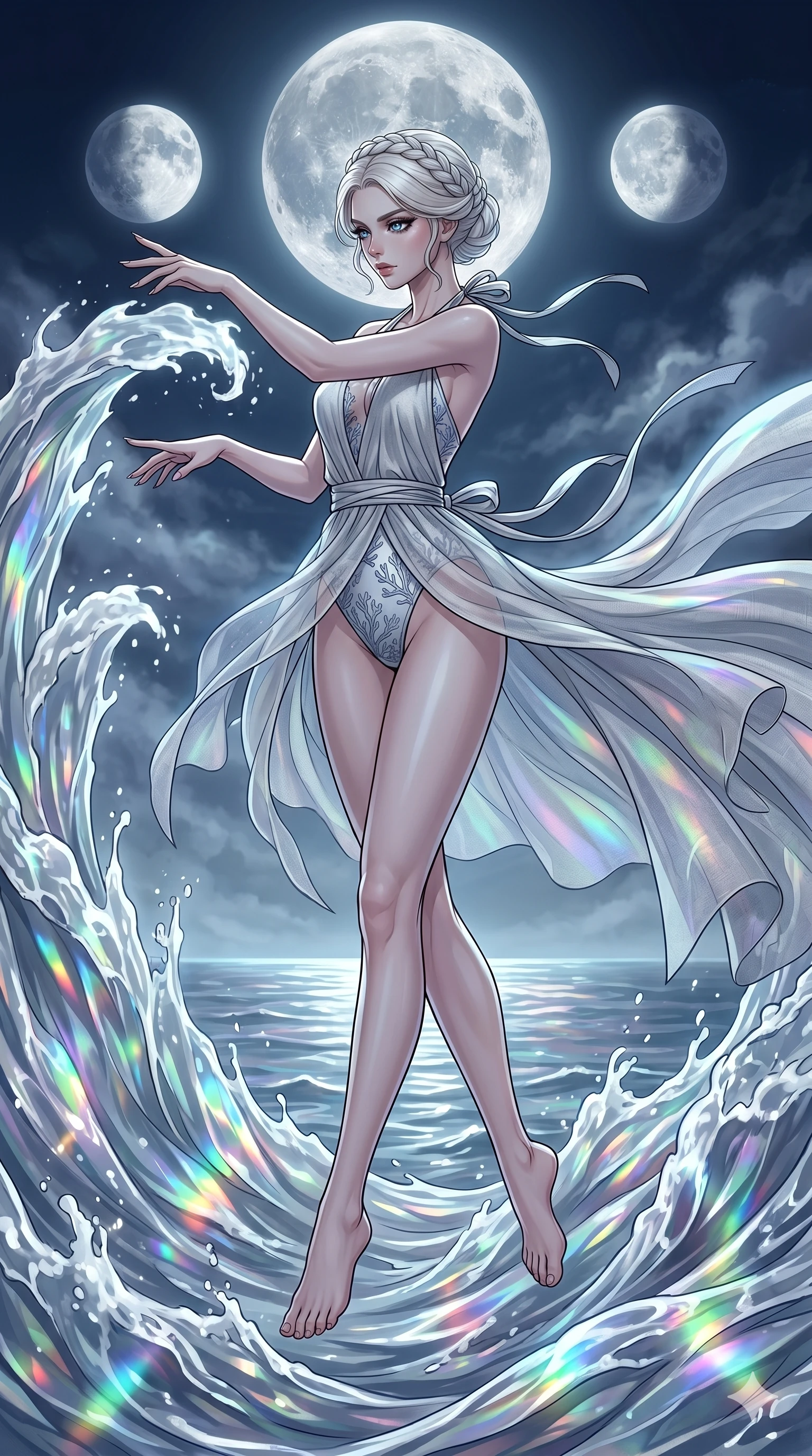 score_9, masterpiece, best quality, ultra-detailed, high-budget anime movie keyframe, cinematic anime lighting, intricate line art, Caucasian (strictly human ears) woman. Mid-air action shot capturing a graceful twist and vertical silhouette. commanding the tides of a silver ocean under three moons. She has an absolutely perfect 8-heads proportion, an exceptionally tall and slender female figure with an ultra-slim waist and impossibly long slender legs. strictly human anatomy, two legs only, no extra limbs, clearly defined legs and arms, perfect anatomy, perfect hands and fingers. sharp v-shaped jawline, high-bridge nose, intricate jewel-like eyes, thick eyelashes, glossy lips. Wearing Seasonal/Resort: High-cut one-piece with sarong, linen sundress with tie-back, and sheer fabric wrap. The scene is illuminated by dramatic atmospheric lighting and vibrant color palettes. , 2k, ultra detail, master piece, 9:16 ratio