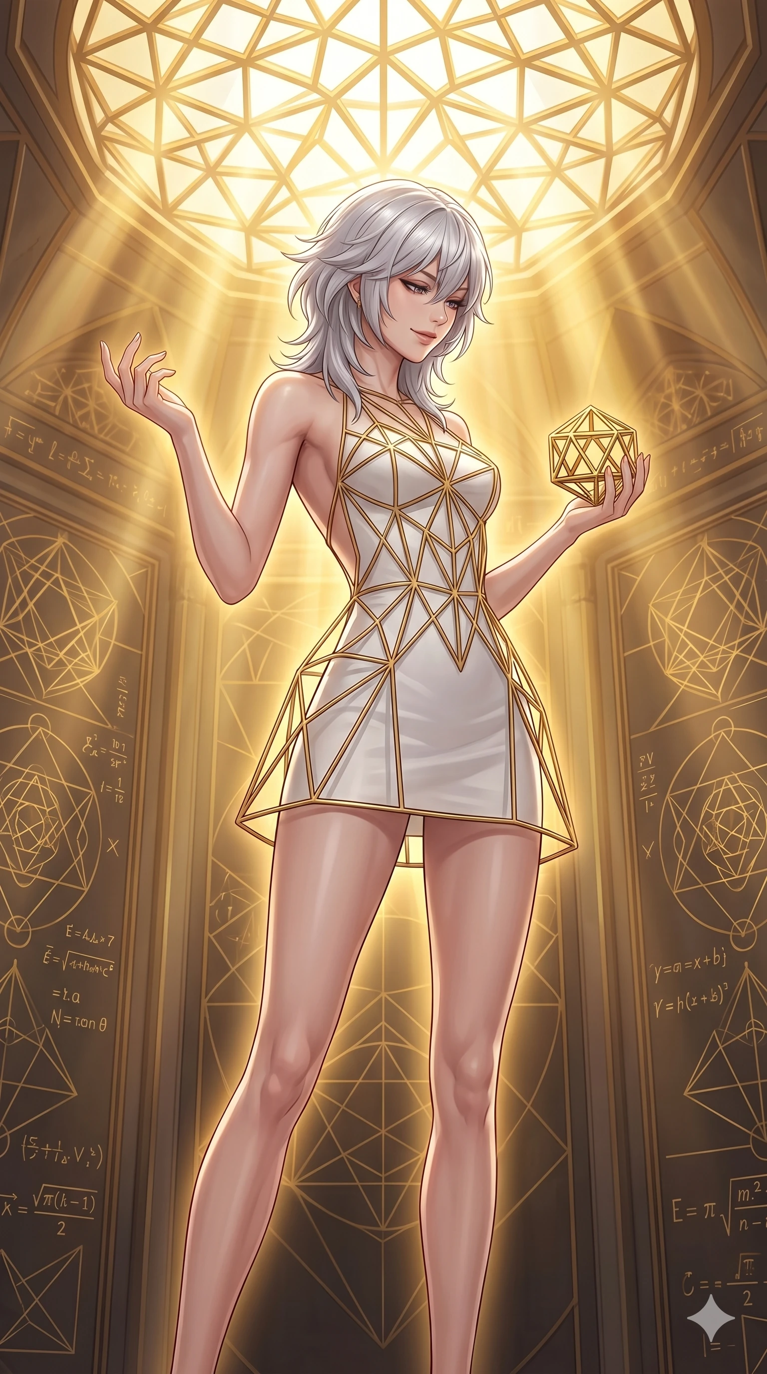 score_9, masterpiece, best quality, ultra-detailed, high-budget anime keyframe, editorial fashion photography, tasteful artistic composition, Japanese woman. cowboy shot from the thighs up, character and outfit filling the frame for maximum editorial presence. holding a small golden polyhedron, looking down with a serene and powerful smile inside a mathematical temple with golden geometric ceiling patterns (Code-P16-069). She has an absolutely perfect 8-heads proportion, an exceptionally tall and slender female figure with impossibly long slender legs and an ultra-slim waist. V-shaped jawline, high-bridge nose, intricate jewel-like eyes with depth, thick eyelashes, glossy lips with a natural sheen. wearing a crystalline structured white mini-dress with gold wire frames and open back. brilliant golden rays from the ceiling, creating a warm glowing aura on her silhouette. 2k, ultra detail, master piece, 9:16 ratio