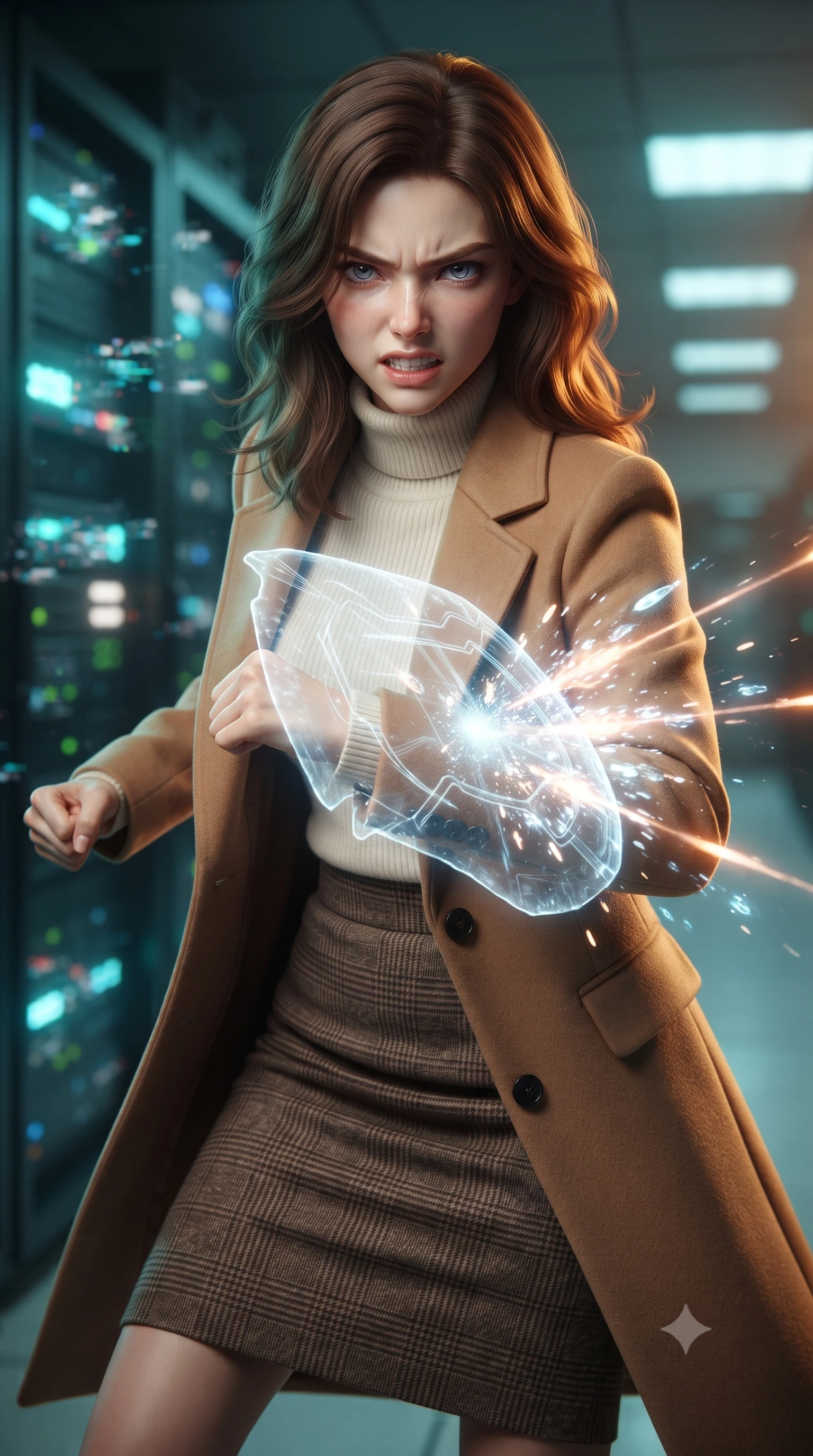 score_9, masterpiece, best quality, ultra-detailed, high-budget anime keyframe, editorial fashion photography, tasteful artistic composition, realistic cosplay photography, Korean woman. close-up cowboy shot from the waist and thighs up, the character dominates the composition, filling the frame with her large presence, background elements kept in soft focus. Deflecting incoming plasma bolts with a glowing energy shield attached to her forearm, teeth grit in determination. set against a soft-focus background of a server corridor where server racks are glitching, cyan light indicators pulsing rapidly in chaotic patterns. She has an exceptionally elegant and slender, willowy female figure with an ultra-slim waist, a gracefully sculpted slender torso, and a refined slim physique. sharp v-shaped jawline, high-bridge nose, intricate jewel-like eyes with depth, thick eyelashes, glossy lips with a natural sheen. wearing catching and diffusing the glowing particles, shimmering softly in response to the surrounding light, a slim-fit camel hair overcoat over a soft ivory turtleneck and a brown plaid wool pencil skirt. warm amber rim lighting combined with cool teal fill light creating dramatic contrast. ultra-reflective glossy finish, specular highlights, metallic sheen, high-contrast stereoscopic depth, volumetric dynamic lighting, 2k, ultra detail, master piece, 9:16 ratio