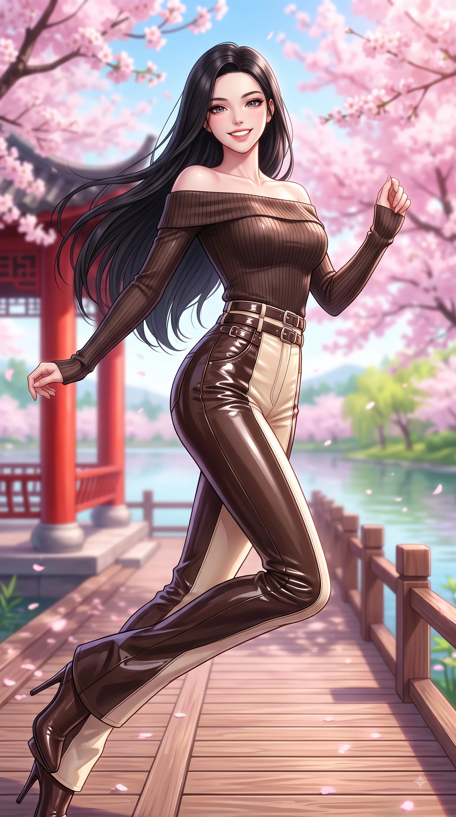 score_9, masterpiece, best quality, ultra-detailed, high-budget anime keyframe, editorial fashion photography, tasteful artistic composition, Korean woman. close-up cowboy shot from the waist and thighs up, the character dominates the composition, filling the frame with her large presence, background elements kept in soft focus. Gazing directly into the camera with a joyful, infectious smile as her torso curves dynamically in mid-stride while leaping with a beaming happy smile along a wooden lakeside boardwalk lined with sakura trees, red vermilion pavilion columns contrasting vividly with green spring foliage. She has an exceptionally elegant, slender, and willowy female figure with an ultra-slim waist, a gracefully sculpted slender torso, and a refined silhouette. sharp v-shaped jawline, high-bridge nose, intricate jewel-like eyes with depth, thick eyelashes, glossy lips with a natural sheen, flawlessly proportioned anatomical accuracy, natural body alignment, perfectly sculpted elegant limbs, clean dynamic posture without body distortion. wearing a sleek off-shoulder ribbed knit top paired with high-waist tailored pants in espresso brown and warm cream, tailored from high-gloss patent leather, detailed with polished silver buckles along the waistline, the tailored fabric tightly following every curve of her athletic build. illuminated by soft glowing pink ambient light and clear sky refractions. highly saturated vibrant anime colors, detailed shading with soft gradients, rich glossy textures, high-contrast stereoscopic depth, volumetric dynamic lighting, master piece, 9:16 ratio